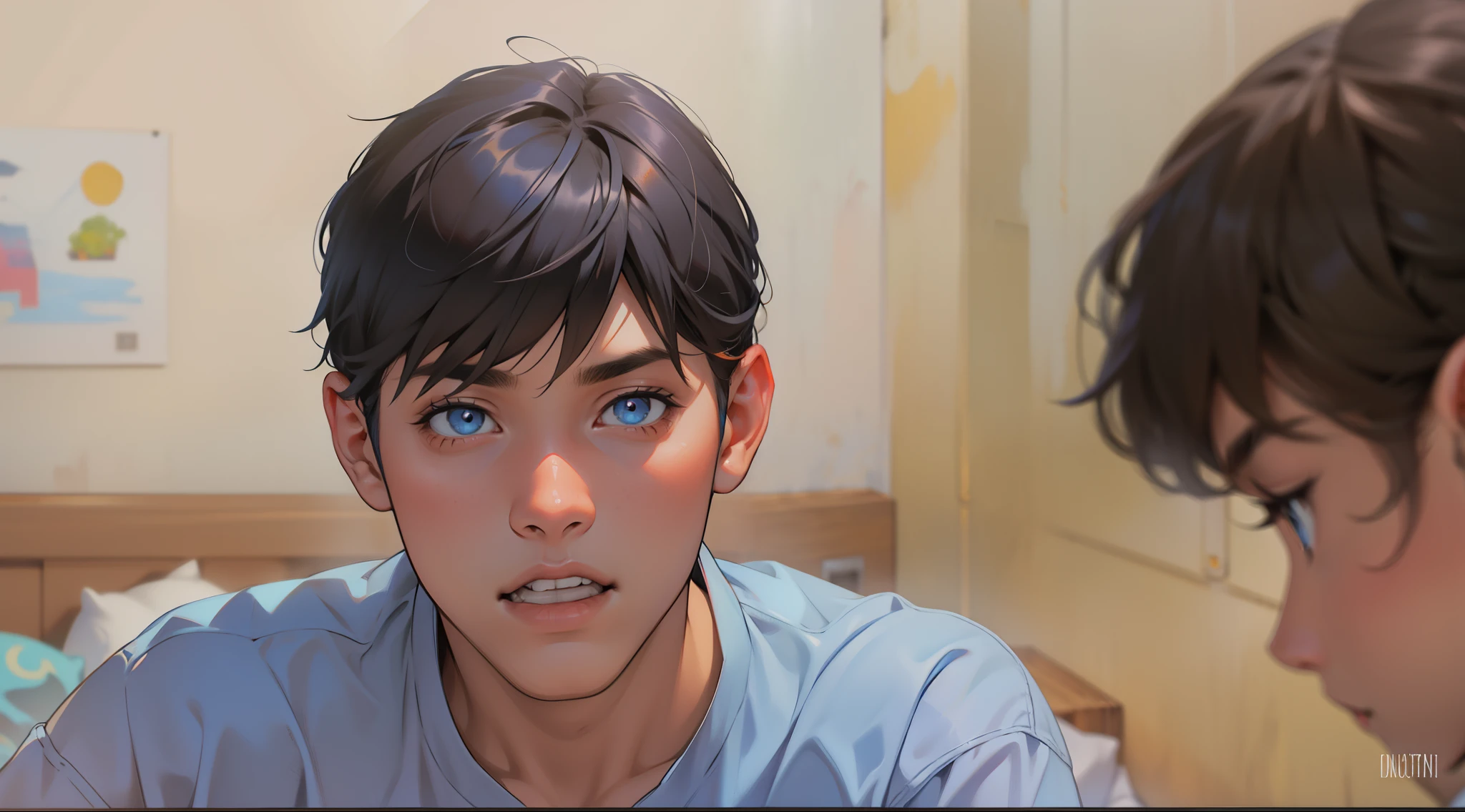 tiene cabello y ojos de color naranja , camisa de color azul cielo