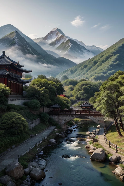 A highly detailed Chinese ink painted landscape painting by
the Song dynasty, using a dispersed perspective technique
and with high mountains, rocks, streams, forests and pedestrians