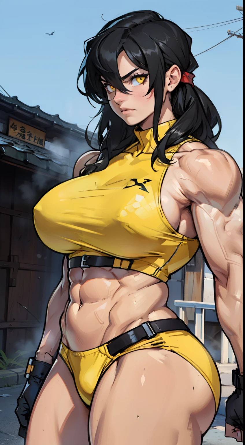 (((((girl))))) ((((muscular)))) ((large breasts toned body thick)) sad black hair yellow eyes pale