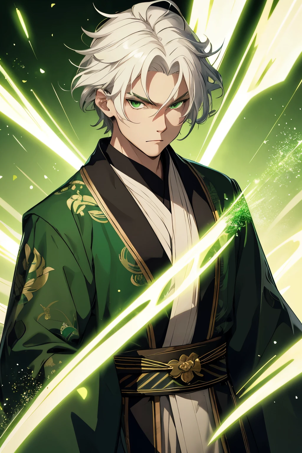 A young man, caucasian, green eyes, wavy tousled white hair, frowning, green and black Japanese kimono, gold light particles, green background