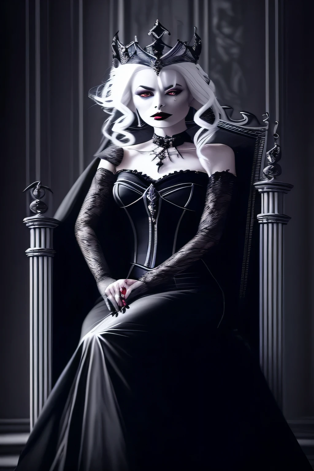 arafed woman in a black dress sitting on a chair with a white hair, beautiful elegant demon queen, portrait of a dark goddess, dark goth queen, in style of dark fantasy art, gothic maiden of the dark, dark fantasy style art, queen of darkness, fantasy dark art, dark fantasy digital art, beautiful vampire female queen, dark fantasy art, gothic maiden