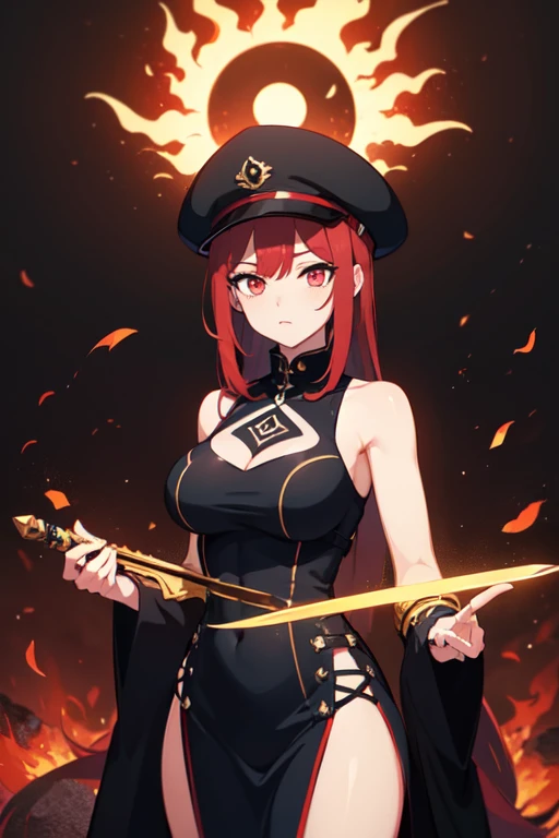 1个Giant Breast Girl, redheadwear, flaming eye, The sword, 火焰, Sideslit, HD detailed anime game corner lind box toy style, 8k, super detail, UHD