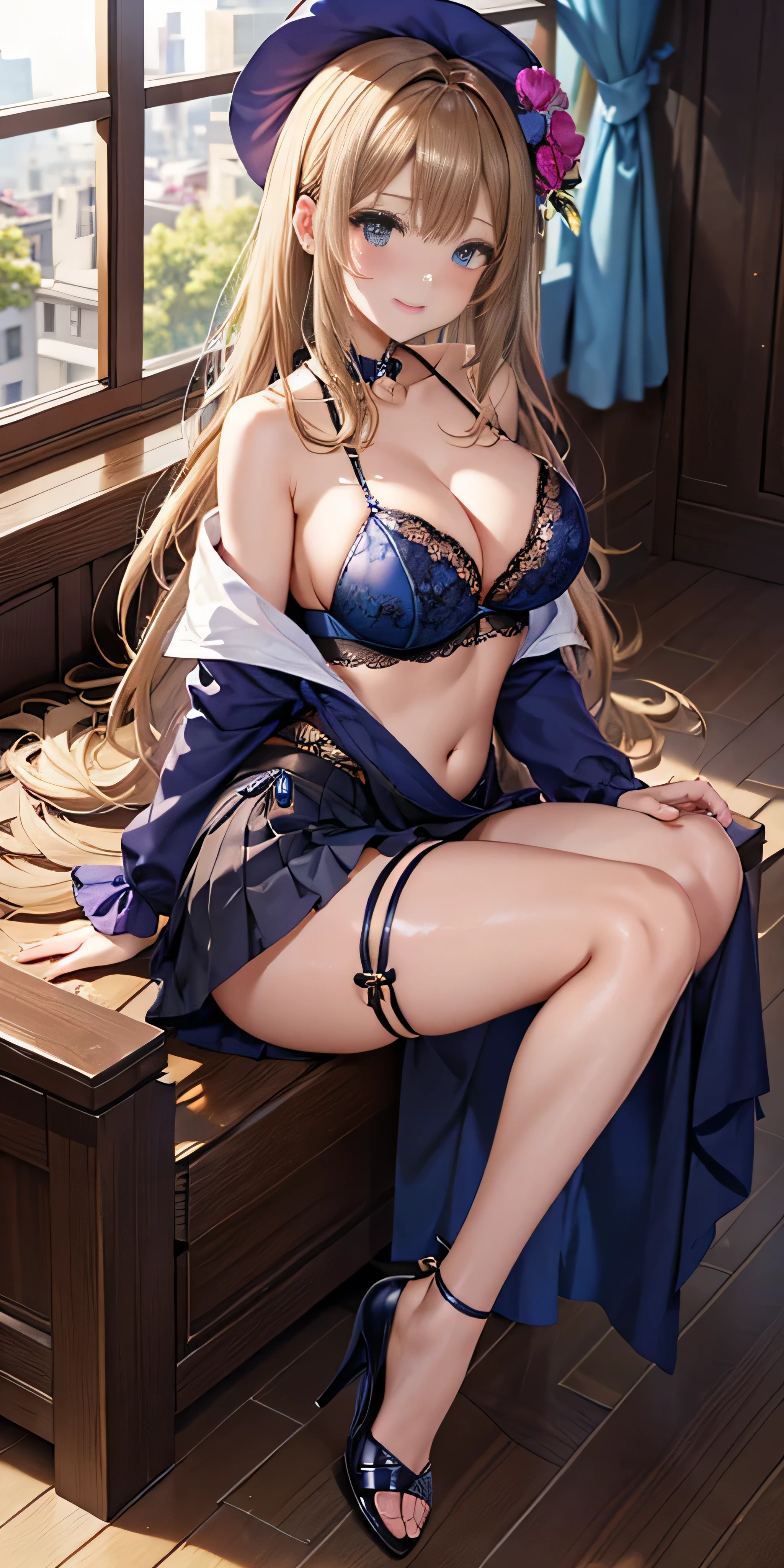 table top, highest quality, Highly detailed CG Unity 8K wallpaper, sexy witch , long dark blonde wavy hair、off shoulder knit, dark blue pleated skirt, medium milk, saggy breasts, cleavage, blush, shy smile, bare shoulders, (Blue floral panties、、Blue Floral Bra、show panties、((open your legs))）high heels、nice magic book、luxury hotel bedroom、sexy pose、Sit on the floor、side boob、