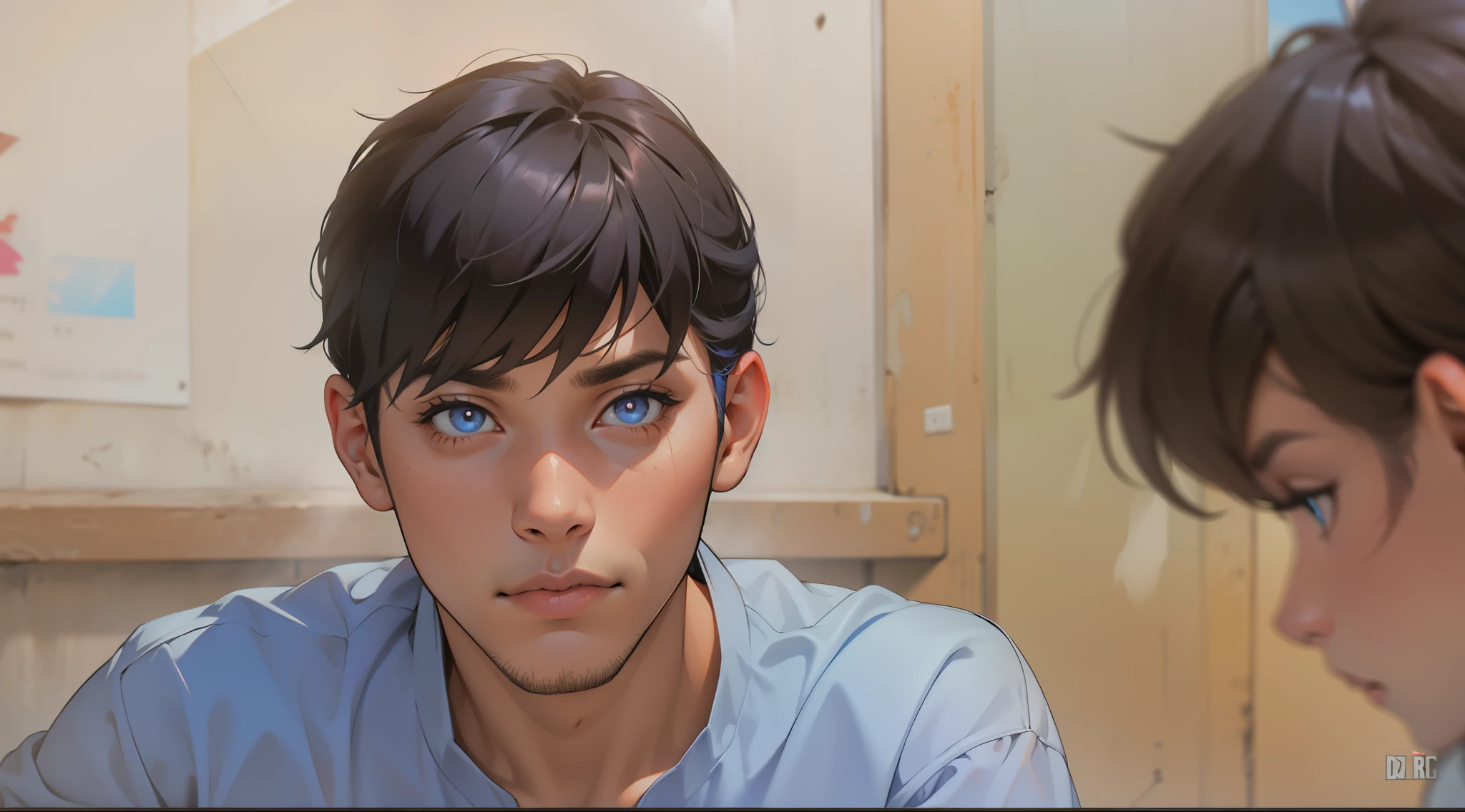 tiene cabello y ojos de color naranja , camisa de color azul cielo