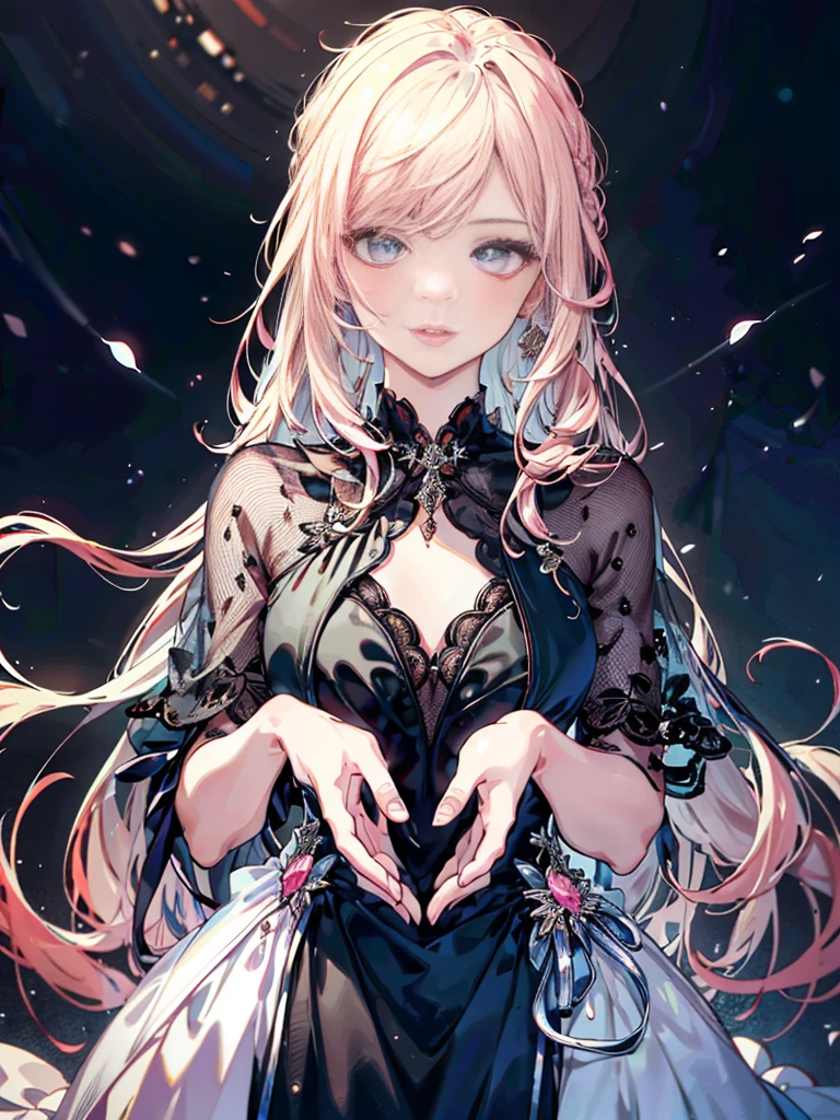 (full head:1.9),detailed depiction of the face,1 Lady,mature woman,Black Dress Long Dress,pink long hair,dark night background,prom, That's a perfect face, perfect hands, perfect fingers, perfect lips, perfect eyes, perfect background