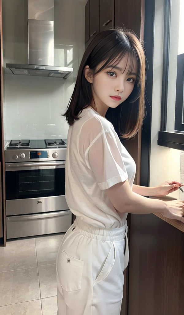 full body shot,Angle that shows the whole body,hyper hd, masterpiece, high quality, High resolution, 最high quality, High resolution, HD, 16k, 8K, 4K, 1 girl, short black hair, blue eyes, wearing a white shirt, White wide pants, city, disorganized, High resolution, super sharp, 8K, masterpiece, looking at the viewer,beautiful face,beautiful eyes,Ultra-detailed body,zoo mout,The background is a kitchen that looks like a movie set.,lean against the wall