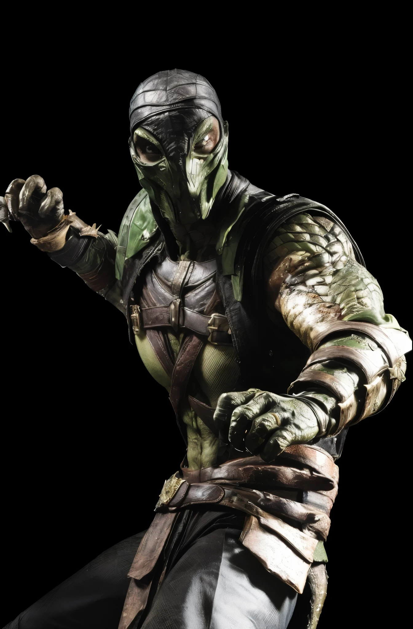 (masterpiece),(best quality:1.0),(ultra high resolution:1.0), reptile, mortal kombat, mask, green eyes, green face, cloth on the head, fangs, black chaolin pants, closeup, detailed, face focus, 8k wallpaper