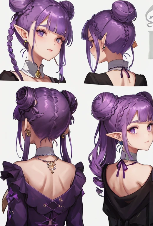  pointy ears, earrings, jewelry, hair bun, 1girl, double bun, braid, multiple views, purple hair, drill hair, from behind