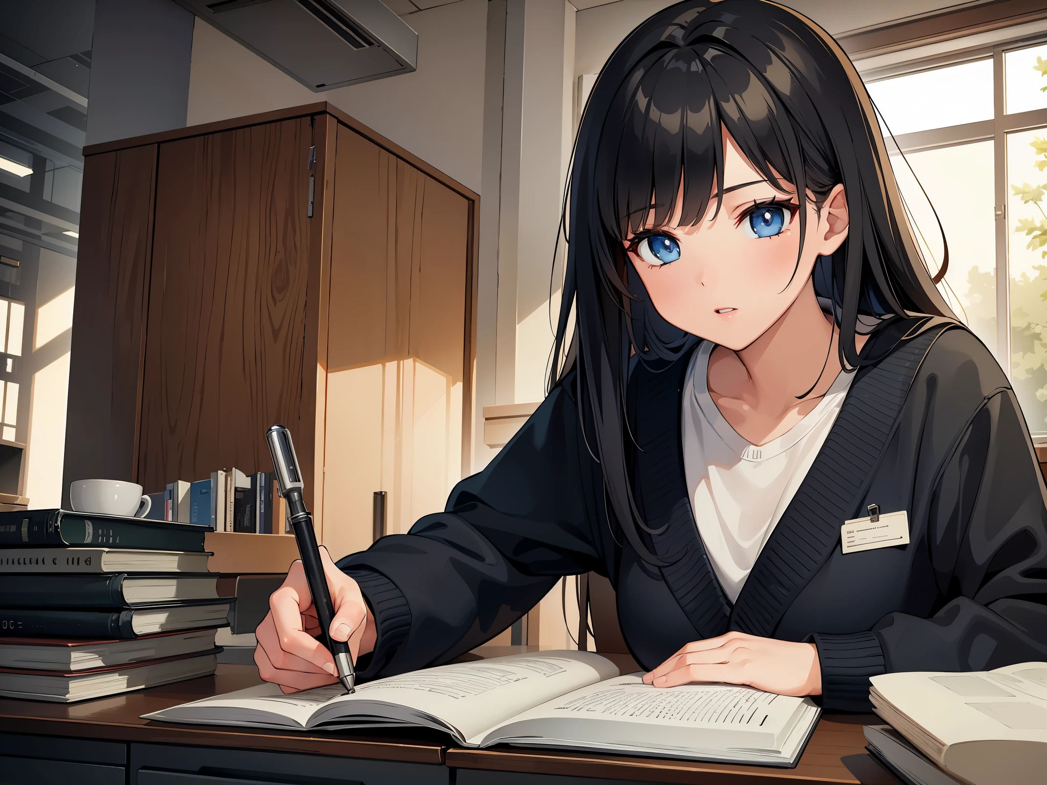 a girl studying in front of a machine,illustration,modern computer equipment,beautiful detailed eyes,beautiful detailed lips,extremely detailed eyes and face,long eyelashes,serious expression,intense focus,bookworm,meticulously drawn books and notebooks,thoughtful atmosphere,creative desk setup,best quality,4k,highres,masterpiece:1.2,ultra-detailed,realistic:1.37,HDR,studio lighting,professional,vibrant colors,subtle warm color tone,soft natural lighting