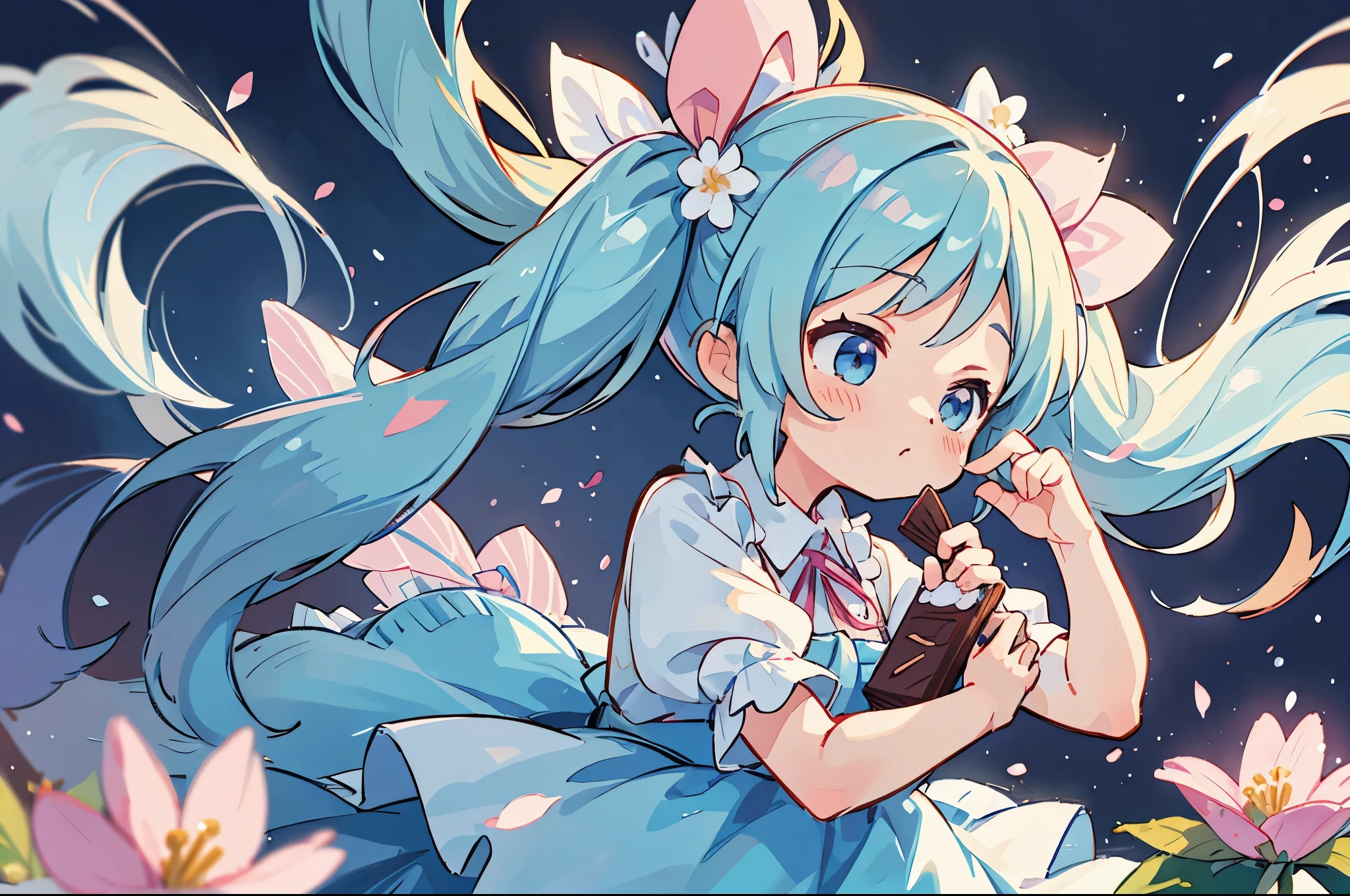 Light blue long hair、Anime girl with big chocolate in twintails valentine's day ribbon, Holding chocolate in hand、Background filled with white flowers、anime moe art style,cute lolita costume、 Cute girl anime visual, small change girl, anime food, small curvy change, change, cute anime girl, Best Anime 4K Kona-chan Wallpaper, everyone, anime style 4k, Also, pixiv