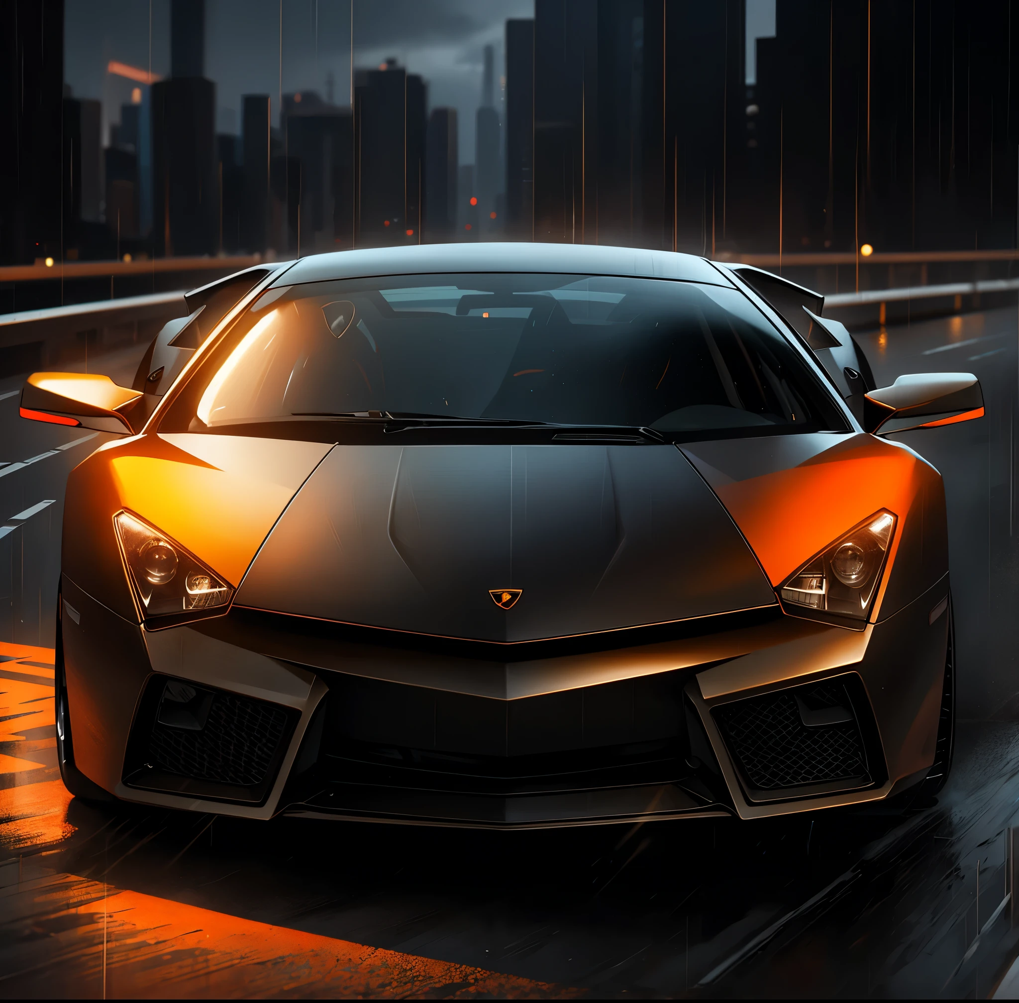 Lamborghini reveton color black and orange drifting chase, action shot, high speed, night life, heavy rain, sharp focus, hearthstonein a modern mansions driveway at night while its raining