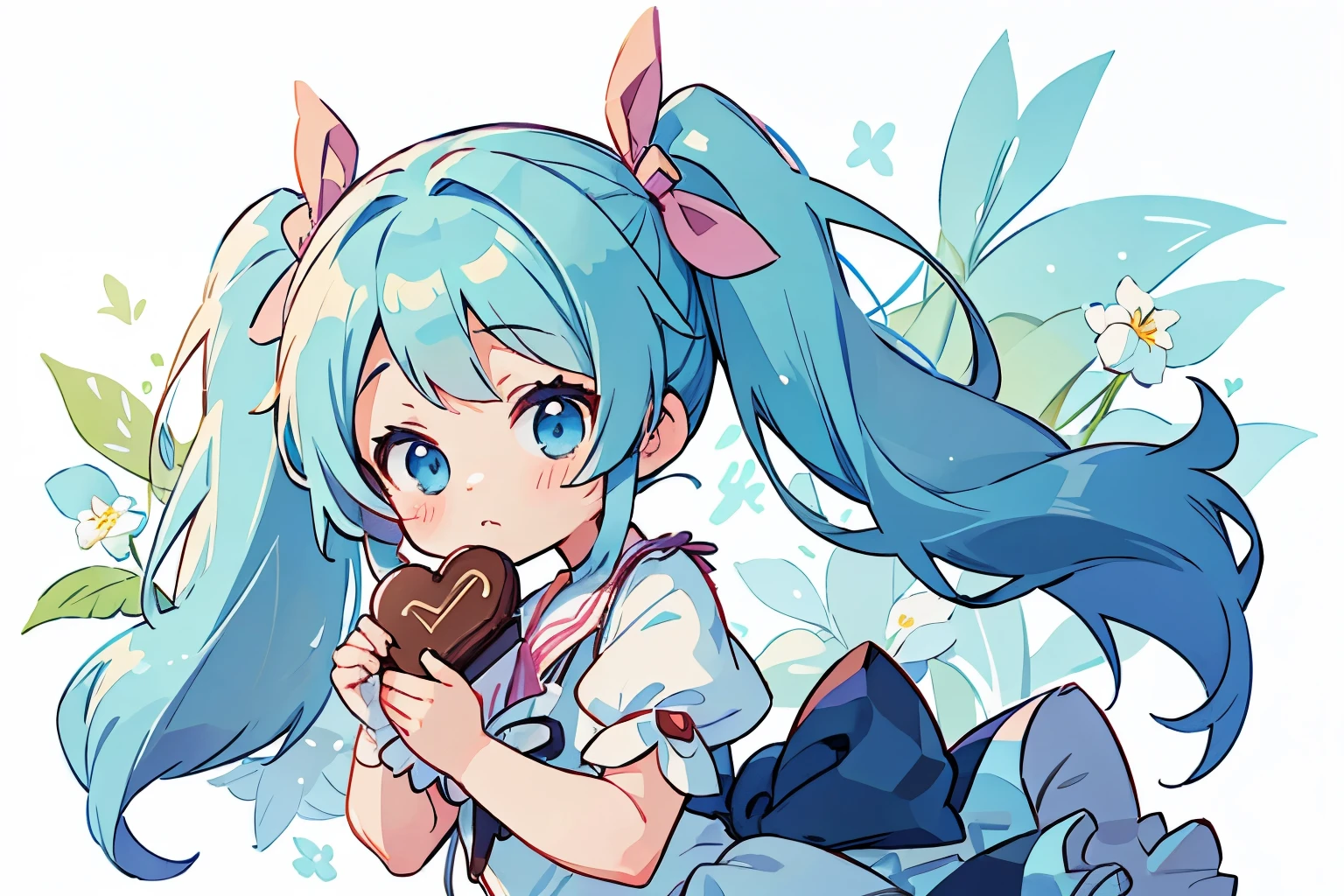 Light blue long hair、Anime girl with big chocolate in twintails valentine's day ribbon, Holding chocolate in hand、Background filled with white flowers、anime moe art style,cute lolita costume、 Cute girl anime visual, small change girl, anime food, small curvy change, change, cute anime girl, Best Anime 4K Kona-chan Wallpaper, everyone, anime style 4k, Also, pixiv