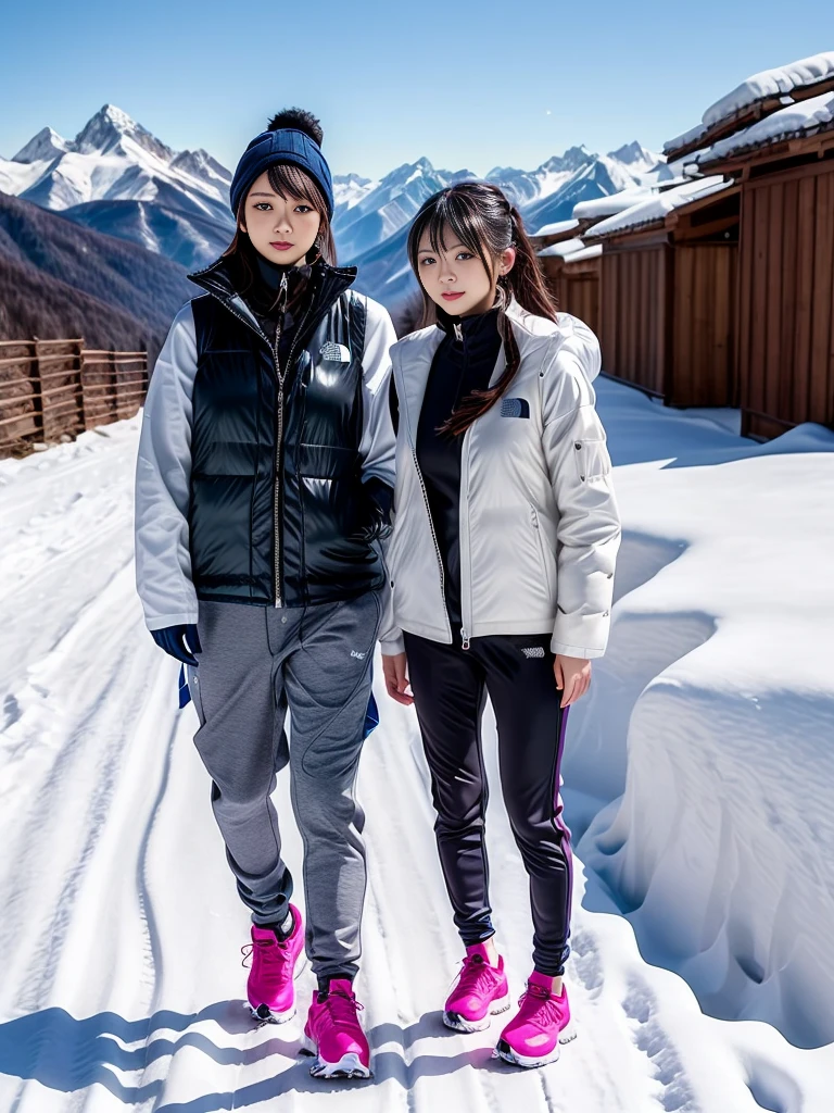very detailed、masterpiece、(snow mountain background):1.3、a woman in a (white down vest at northface):1.4, white puffer vest and black pants posing for a picture, model is wearing techtical vest, sportswear, sportswear, かわいいsportswear, nanocarbon-vest, white!!, white coat, tech wear women pictures, 2 techwear women, catalog photo, stylish coat for rave, full body photo, future inflatable jacket, Miko, Kim Woo