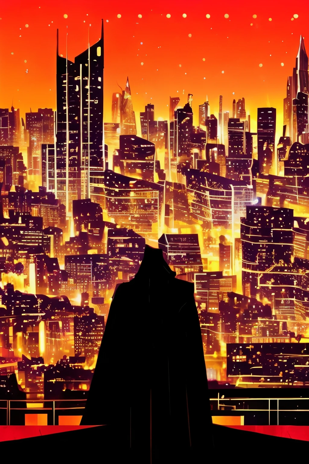 shadow superheroes with a black cloak standing on top of a building while watching a cyberpunk city with red neon, cidade vermelha cyberpunk, tons vermelhos