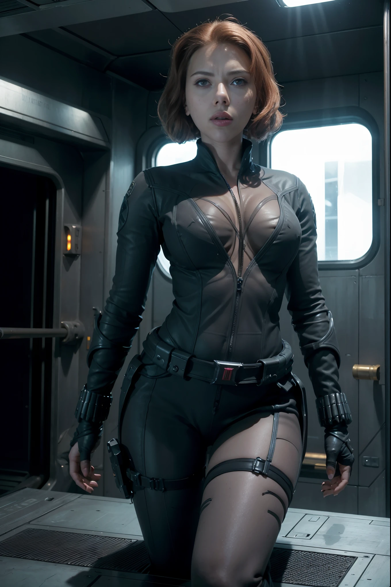 ((best quality)), ((masterpiece)), ((Scarlett Johansson)) (detailed), perfect face, playful 20 year old woman, Sensual pose. Inside a spaceship, wearing highly detailed futuristic skimpy halo armor, NUDE.