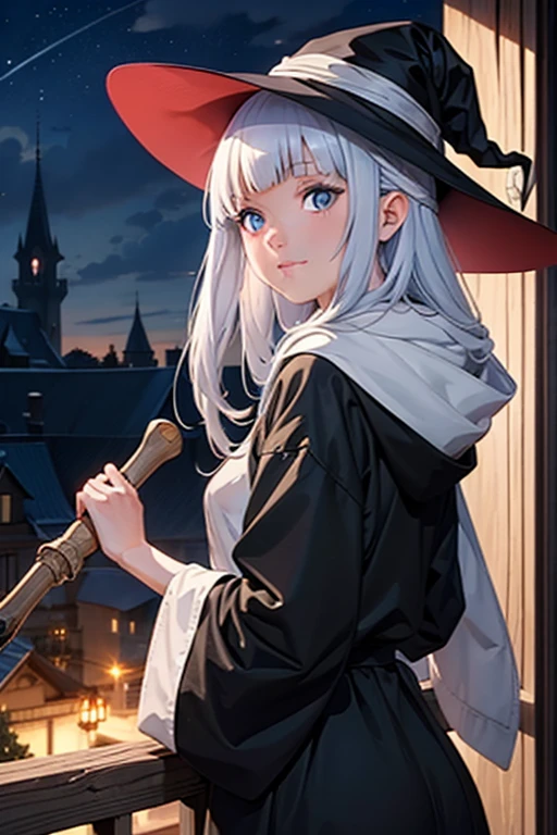 witch with owl and broom, flirty anime witch casting magic, witch girl, pretty sorceress, witch academia, bright witch, witch, a beautiful sorceress, beautiful sorceress, portrait of a young witch girl, beautiful wizard, splash art anime ****, a witch, portrait of a witch, best quality, masterpiece, ultra high resolution, pretty face, girl, white blue hair, hair spread out, hair over shoulder, long white blue hair, witch hat, light smile, evil smile, anime, anime style, night, castle, balcony, starry sky, nsfw