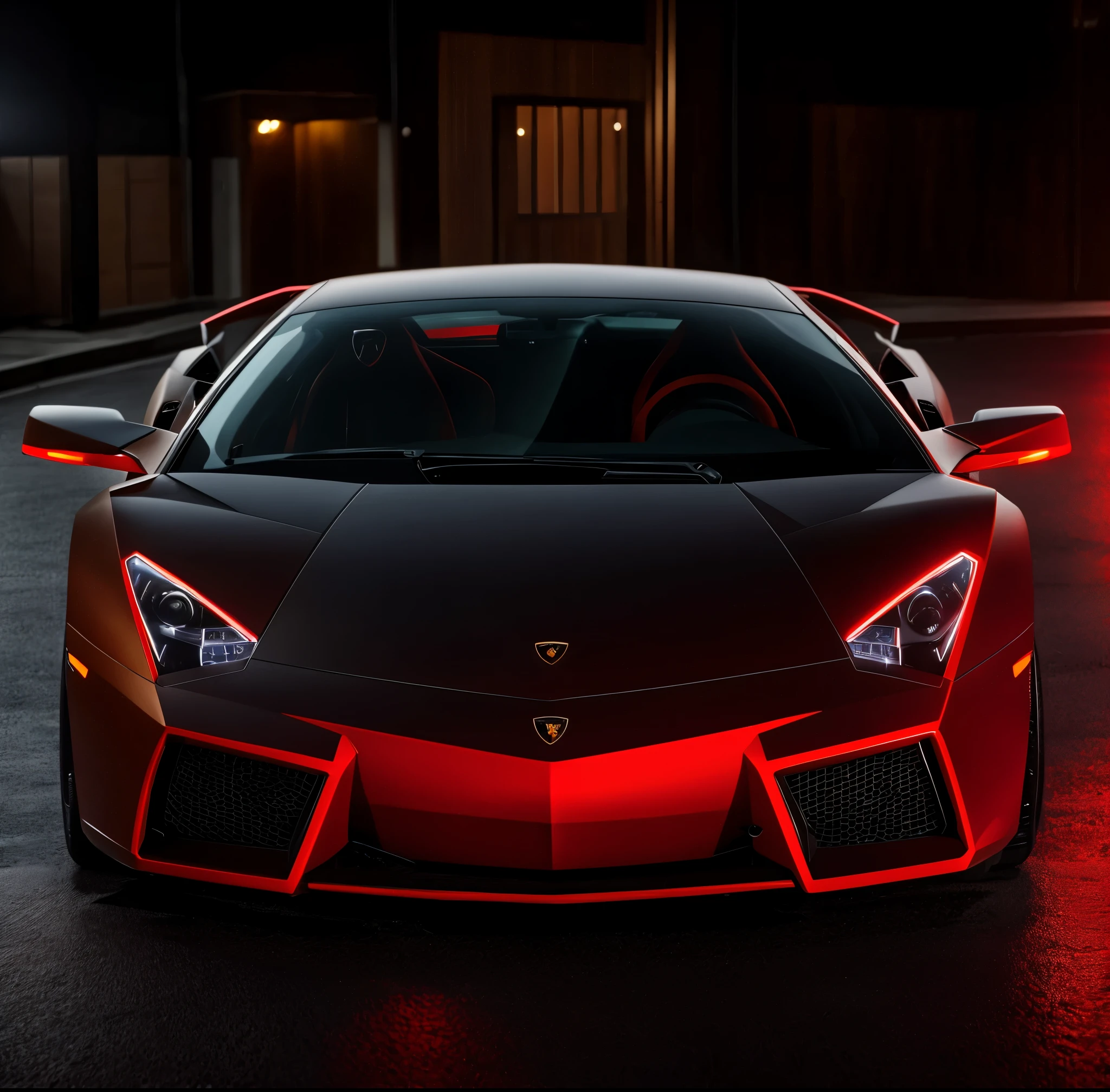 Lamborghini reveton color black and red drifting chase, action shot, high speed, night life, heavy rain, sharp focus, hearthstonein a modern mansions driveway at night while its raining
