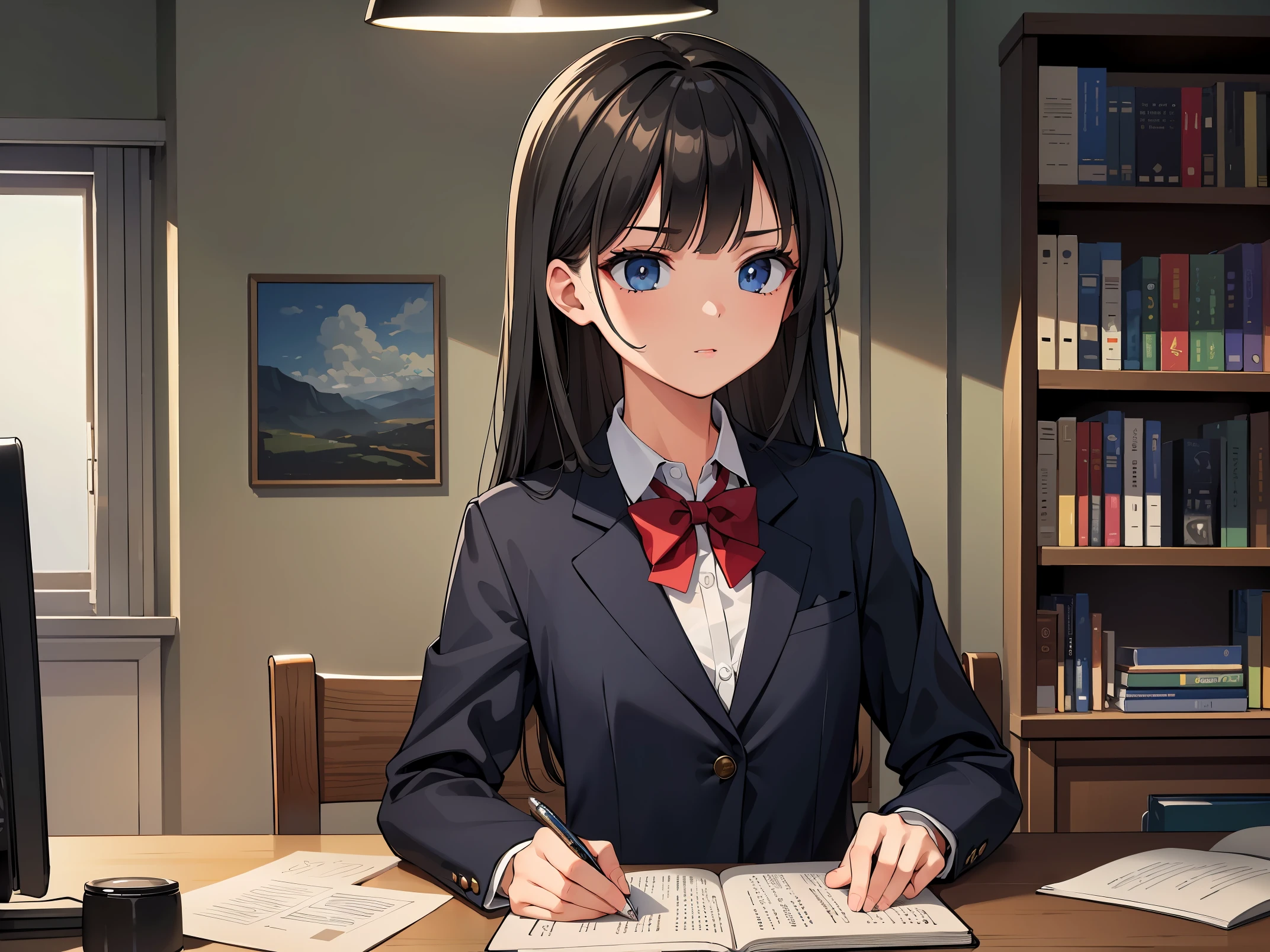 (8K, RAW photo, highest quality, masterpiece: 1.2), High-definition RAW color photo, professional photography, cinematic light, alone, (((young woman, gal))), A girl studying in front of a machine, school uniform, collared shirt, blazer, long sleeve, An illustration, modern computer equipment, beautiful detailed eyes, beautiful detailed lips, highly detailed eyes and face, long eyelashes, serious expression, Intense concentration, bookworm, Meticulously drawn books and notebooks, Thoughtful atmosphere, creative desk setup, highest quality, 4k, High resolution, masterpiece:1.2, Super detailed, real:1.37, HDR, studio lighting, professional, Bright colors, Subtle warm tones, soft natural light,
