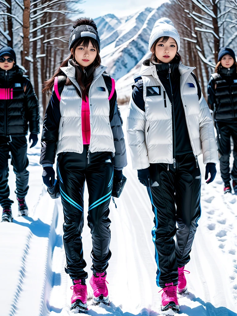 very detailed、masterpiece、(snow mountain background):1.3、a woman in a (white down vest at northface):1.4, white puffer vest and black pants posing for a picture, model is wearing techtical vest, sportswear, sportswear, かわいいsportswear, nanocarbon-vest, white!!, white coat, tech wear women pictures, 2 techwear women, catalog photo, stylish coat for rave, full body photo, future inflatable jacket, Miko, Kim Woo