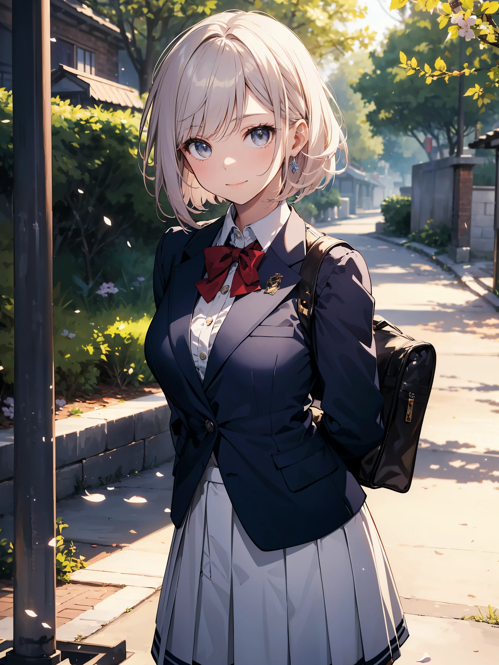 (superlative quality work by the Creator God: 1.4), (absolute resolution: 1.4), (greatest masterpiece by the God of Arts and Sciences: 1.4), (intricate, meticulously detailed and realistic materials and textures and light sources: 1.3), (perfect anatomy: 1.2),

BREAK.

This illustration features a [((cute))):1.3] girl with [((pink))):0.9] hair in a one-length braided bob cut short hair. She is wearing a uniform from a well-known school where blazers are popular, with a deep gray blazer, white piping, and a fresh blue checked skirt. She is drawn to evoke realistic fabrics and textures, and the buttons on her blazer and pleats on her skirt are finely rendered. She is smiling and waving at the camera. The background is the school gate of her school, with cherry blossoms in bloom.

BREAK

(Depth of field: 1.4), looking at the viewer, ((perfect pixels, 8K wallpaper )), one girl, single, alone, reincarnated appearance of Aphrodite, goddess of beauty, beauty of the highest order,

BREAK

Aphrodite's reincarnated appearance as a goddess of beauty, immense beauty, BREAK, super exquisite skin, (best lighting by a famous artist: 1.2), (charming poses acting instruction by a very famous master: 1.4), cute illustrations.