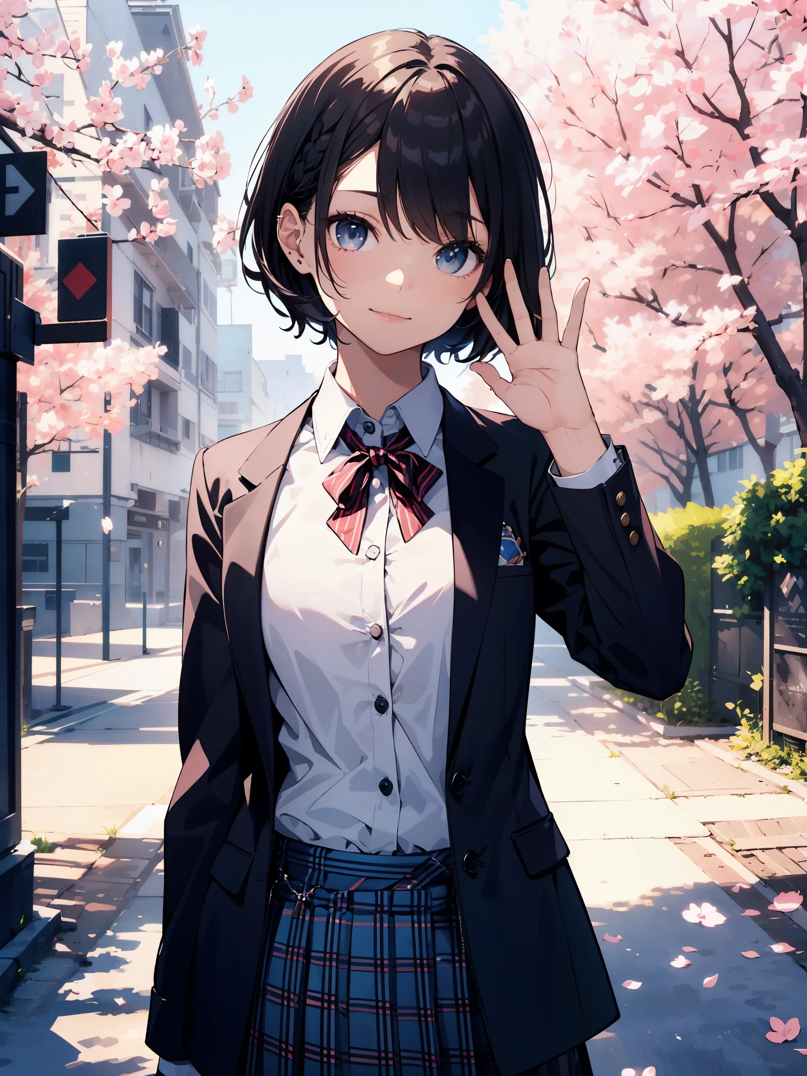(superlative quality work by the Creator God: 1.4), (absolute resolution: 1.4), (greatest masterpiece by the God of Arts and Sciences: 1.4), (intricate, meticulously detailed and realistic materials and textures and light sources: 1.3), (perfect anatomy: 1.2),

BREAK.

This illustration features a [((cute))):1.3] girl with [((pink))):0.9] hair in a one-length braided bob cut short hair. She is wearing a uniform from a well-known school where blazers are popular, with a deep gray blazer, white piping, and a fresh blue checked skirt. She is drawn to evoke realistic fabrics and textures, and the buttons on her blazer and pleats on her skirt are finely rendered. She is smiling and waving at the camera. The background is the school gate of her school, with cherry blossoms in bloom.

BREAK

(Depth of field: 1.4), looking at the viewer, ((perfect pixels, 8K wallpaper )), one girl, single, alone, reincarnated appearance of Aphrodite, goddess of beauty, beauty of the highest order,

BREAK

Aphrodite's reincarnated appearance as a goddess of beauty, immense beauty, BREAK, super exquisite skin, (best lighting by a famous artist: 1.2), (charming poses acting instruction by a very famous master: 1.4), cute illustrations.