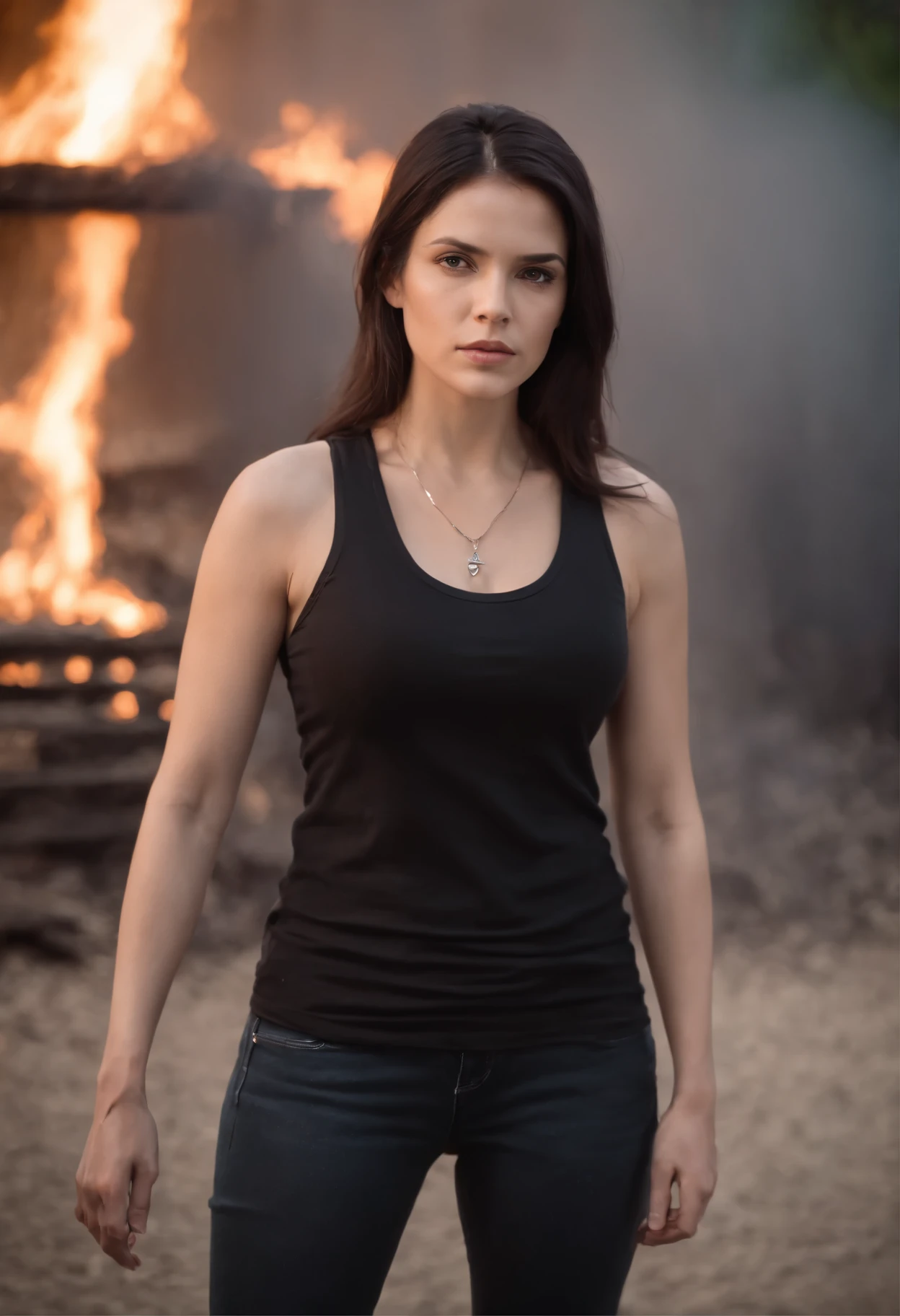 black hair, super detailed A blody and bruised masculine woman in a black tank top and black jeans and looking angry and tired standing in the middle of the fire with a necklace that has a key on it., Surrealism, 8k