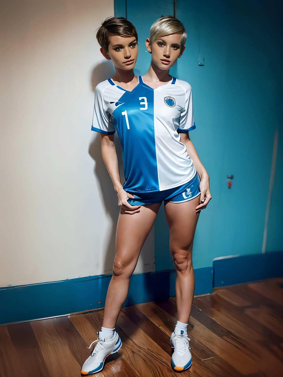 (photo of 2heads),woman,instagram model,oversized blue soccer jersey,short shorts, small freckles,conjoined, ((full body)), adult female, Small bust, slender, ,blonde, pixie cut short hair,