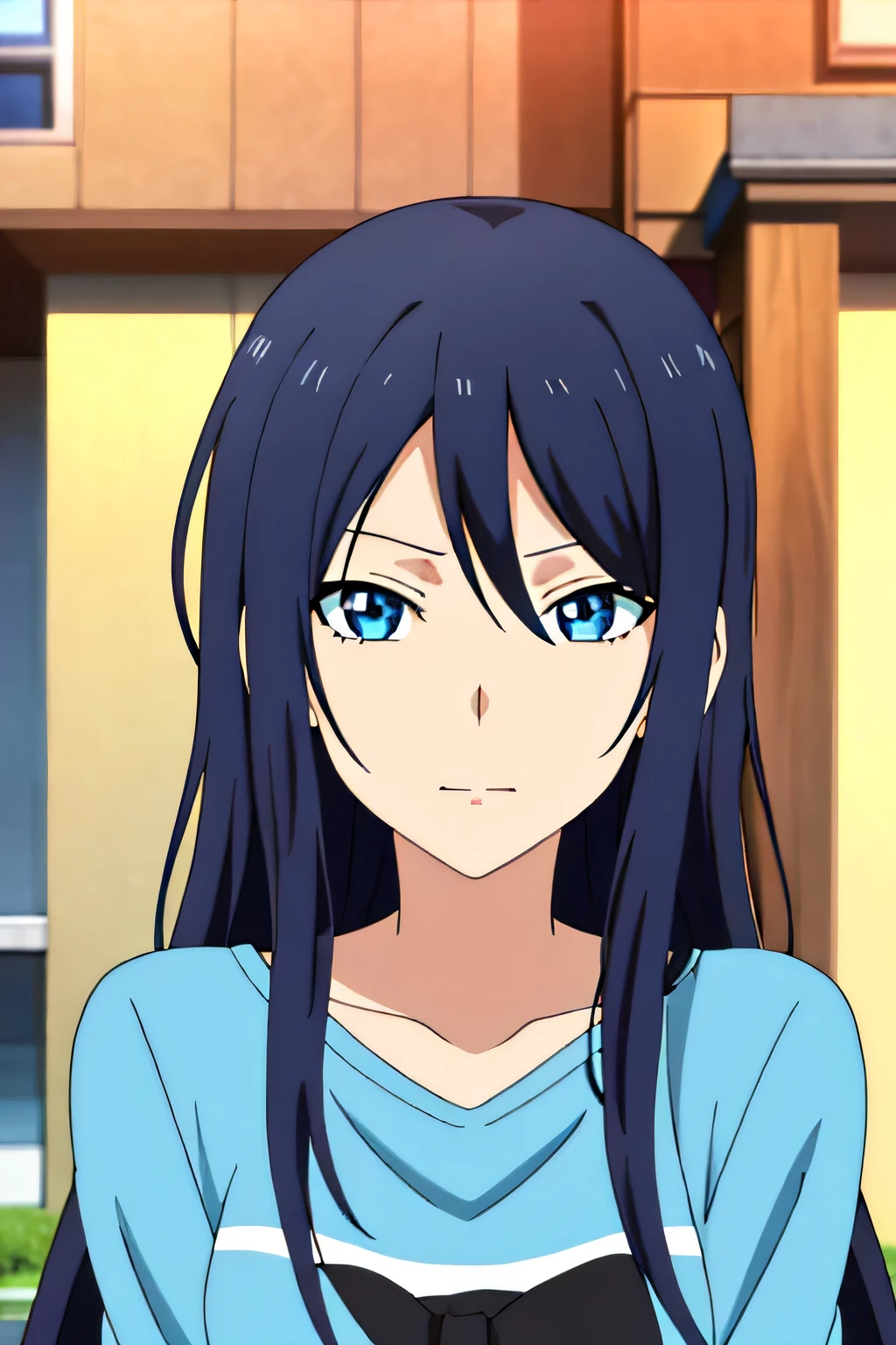 1girl, with black long hair and blue eyes looking at the camera with a poker look on her face, Awataguchi Takamitsu, tachisme, anime visual, a character portrait