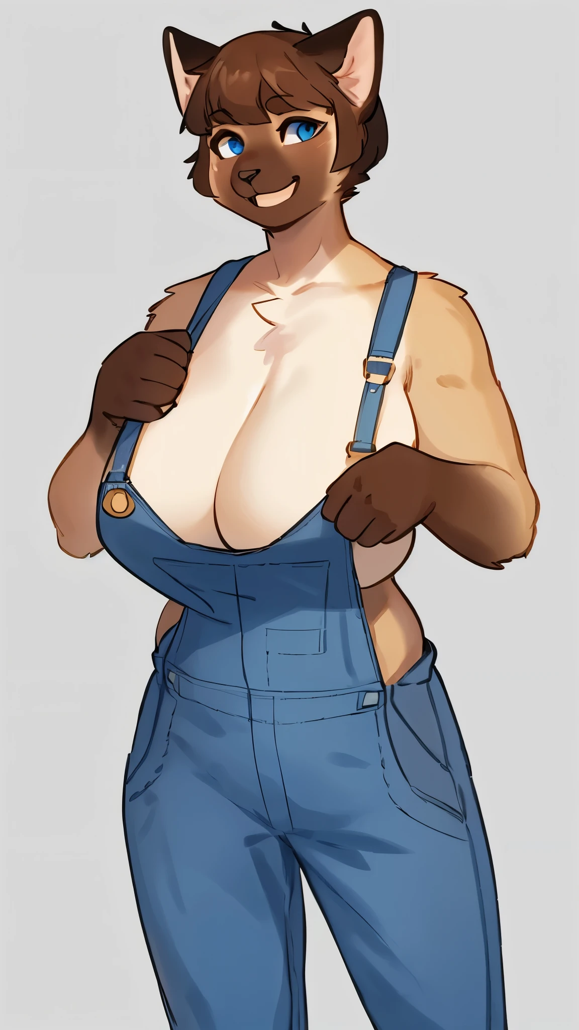 By bebebebebe, by lostgoose, by goonie-san, solo, snout, ears, feline, siamese cat, pale blue eyes, brown hair, short hair, hair bangs, muscular, smiling, happy, ((curvy)), brown upper face, offwhite fur, denim overalls only, just wearing overalls, nude besides overalls, female, big breasts, (adult, mature)