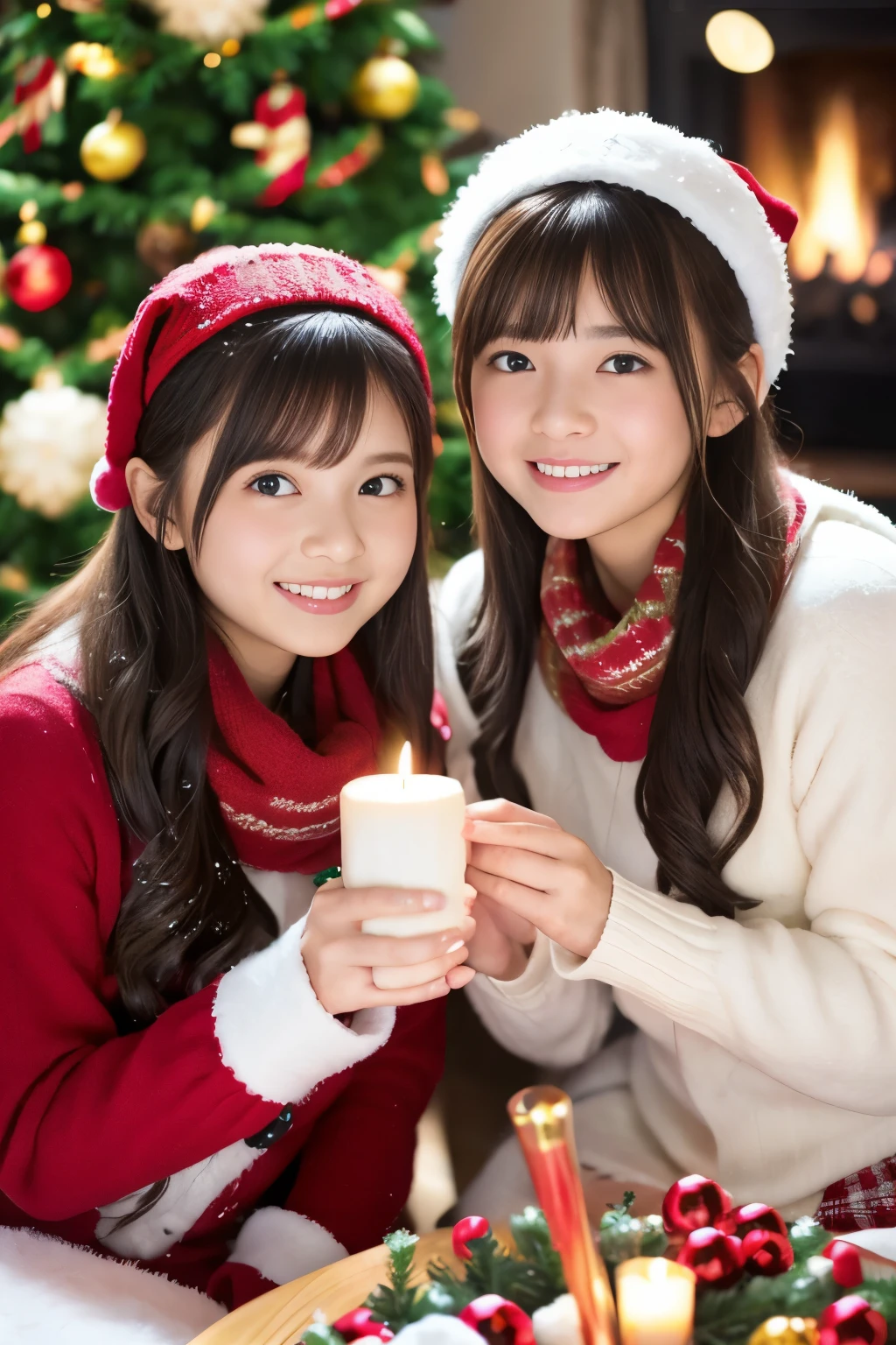 (highest quality,realistic,High resolution),2 girls,beautiful and fine eyes,beautiful detailed lips,smile,laughter,cute,christmas eve,Happy,enjoying,winter,Joyful,Excited,sparkling light,decorated christmas tree,crew,cozy atmosphere,warm fireplace,magic moment,twinkling stars,glowing candle,it&#39;s snowing,ground covered with soft snow,colorful holiday decorations,red and green colors,classy dress,fluffy scarf,Happy memories,cherish sisterhood,愛とlaughter、12 year old sisters、baby face、Childish、look at the camera、Flip up your skirt