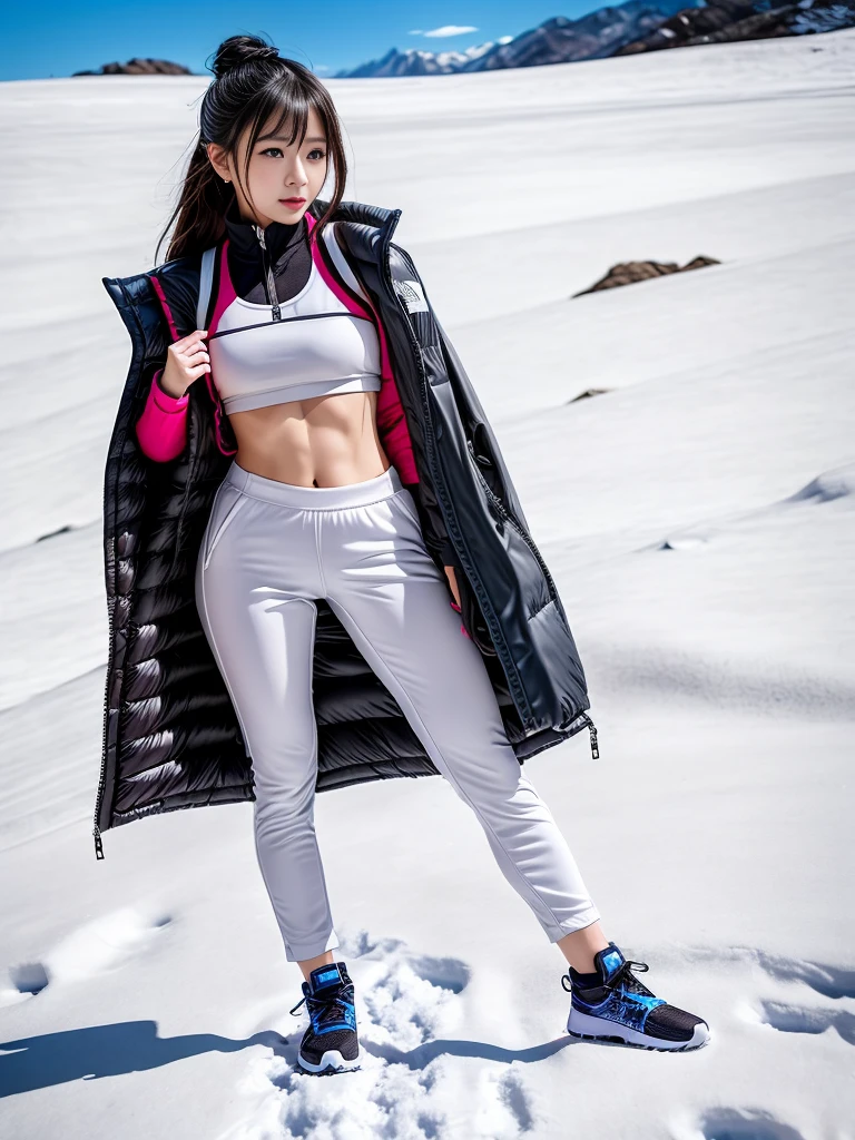 very detailed、masterpiece、(snow mountain background):1.3、a woman in a (white down vest at northface):1.4, white puffer vest and black pants posing for a picture, model is wearing techtical vest, sportswear, sportswear, かわいいsportswear, nanocarbon-vest, white!!, white coat, tech wear women pictures, 2 techwear women, catalog photo, stylish coat for rave, full body photo, future inflatable jacket, Miko, Kim Woo