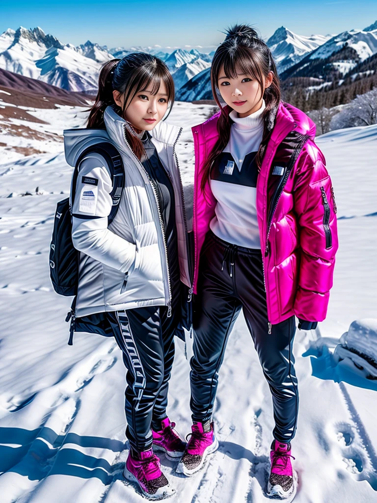 very detailed、masterpiece、(snow mountain background):1.3、a woman in a (white down vest at northface):1.4, white puffer vest and black pants posing for a picture, model is wearing techtical vest, sportswear, sportswear, かわいいsportswear, nanocarbon-vest, white!!, white coat, tech wear women pictures, 2 techwear women, catalog photo, stylish coat for rave, full body photo, future inflatable jacket, Miko, Kim Woo