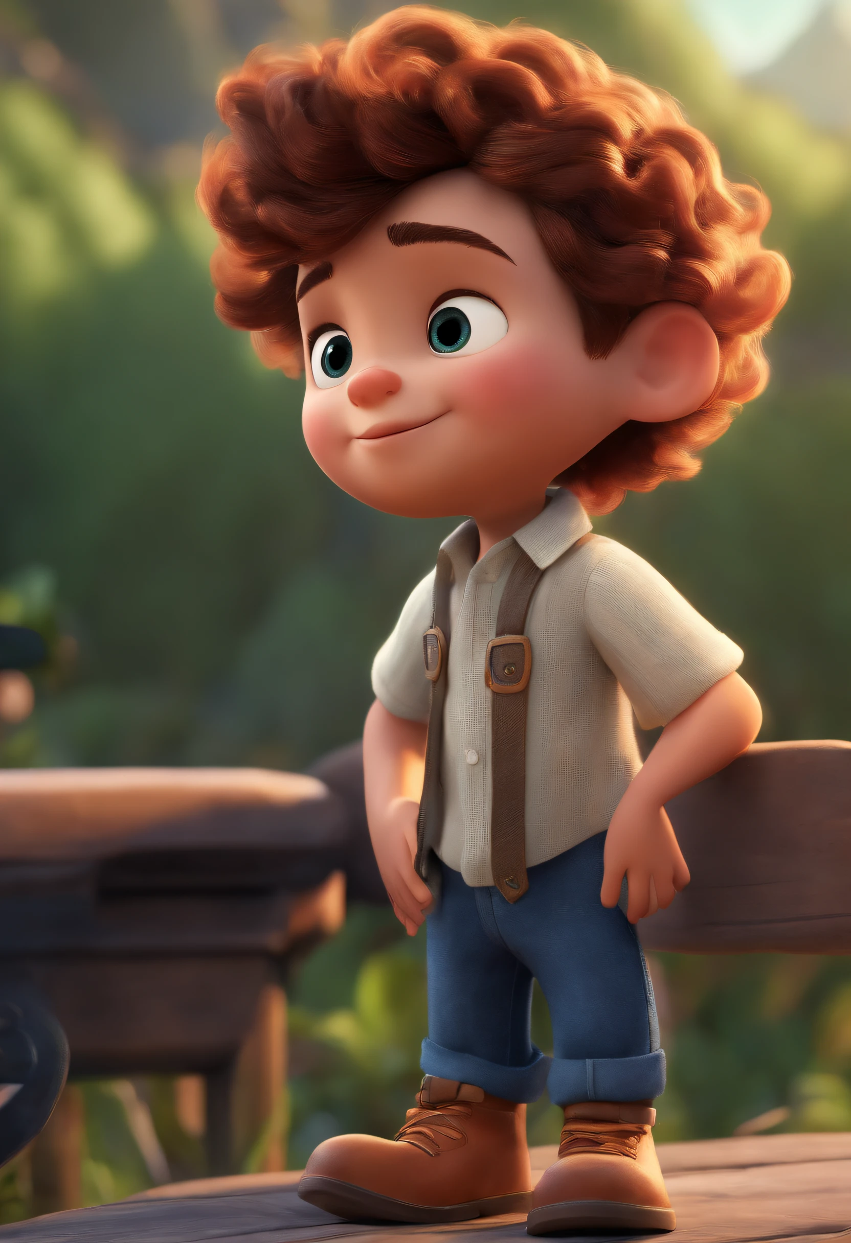 Image of a boy for a story in a YouTube video in Pixar format, He's the little allabester, He's the class leader, He's outgoing, Playful and gets up for a lot of things, cabelo curto