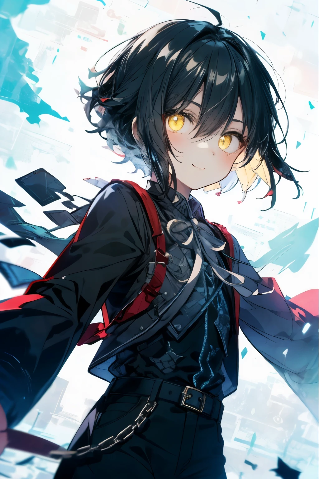 highest quality、best quality、8K、ultra high resolution、highest quality、super detailed、perfect face、very detailed、very delicate、1 boy, ((solo))、(scared), Gorgios、 dark,black hair、short hair、soft hair、Lateral hair、((yellow eyes)),Black long-sleeved shirt,White ribbon、Black shorts、belt、 full of confidence, smile, close your mouth、expressive eyes, collofull eyes, contrast, shadowy,digital art, shining eyes, Intimidating, damaged, detailed face、Detailed eyes、Detailed background、 dark背景, Based on white and black、magic、magic陣、snow mountain