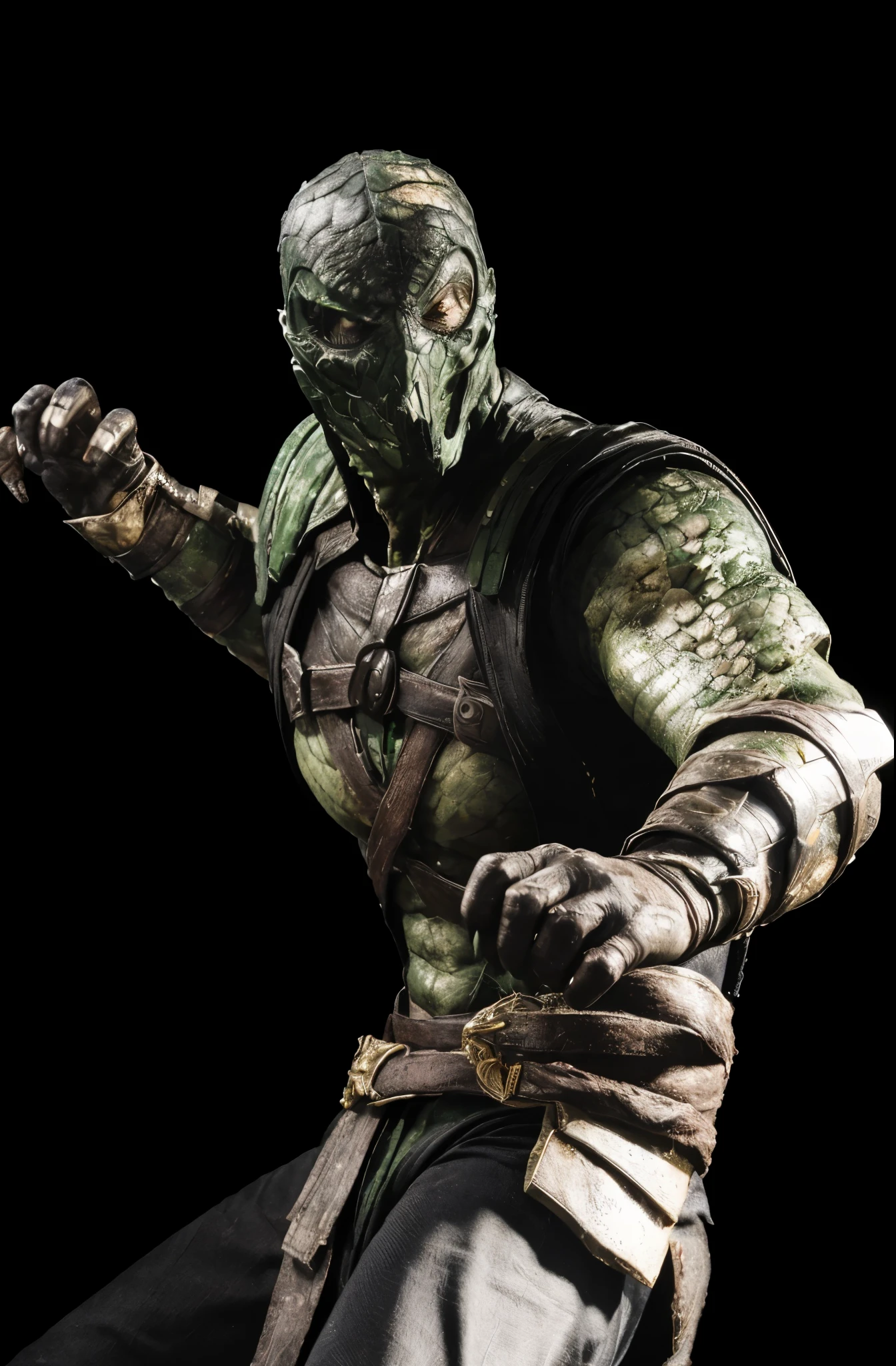 (masterpiece),(best quality:1.0),(ultra high resolution:1.0), reptile, mortal kombat, mask, green eyes, green face, cloth on the head, fangs, black chaolin pants, closeup, detailed, face focus, 8k wallpaper