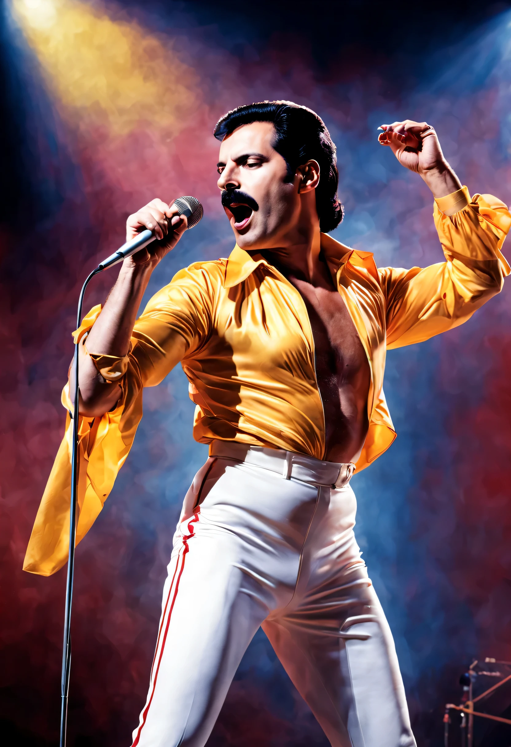 Create a full body shot portrait of Freddie Mercury, with his majestic posture and microphone in hand, evoking the infectious energy of Queen.