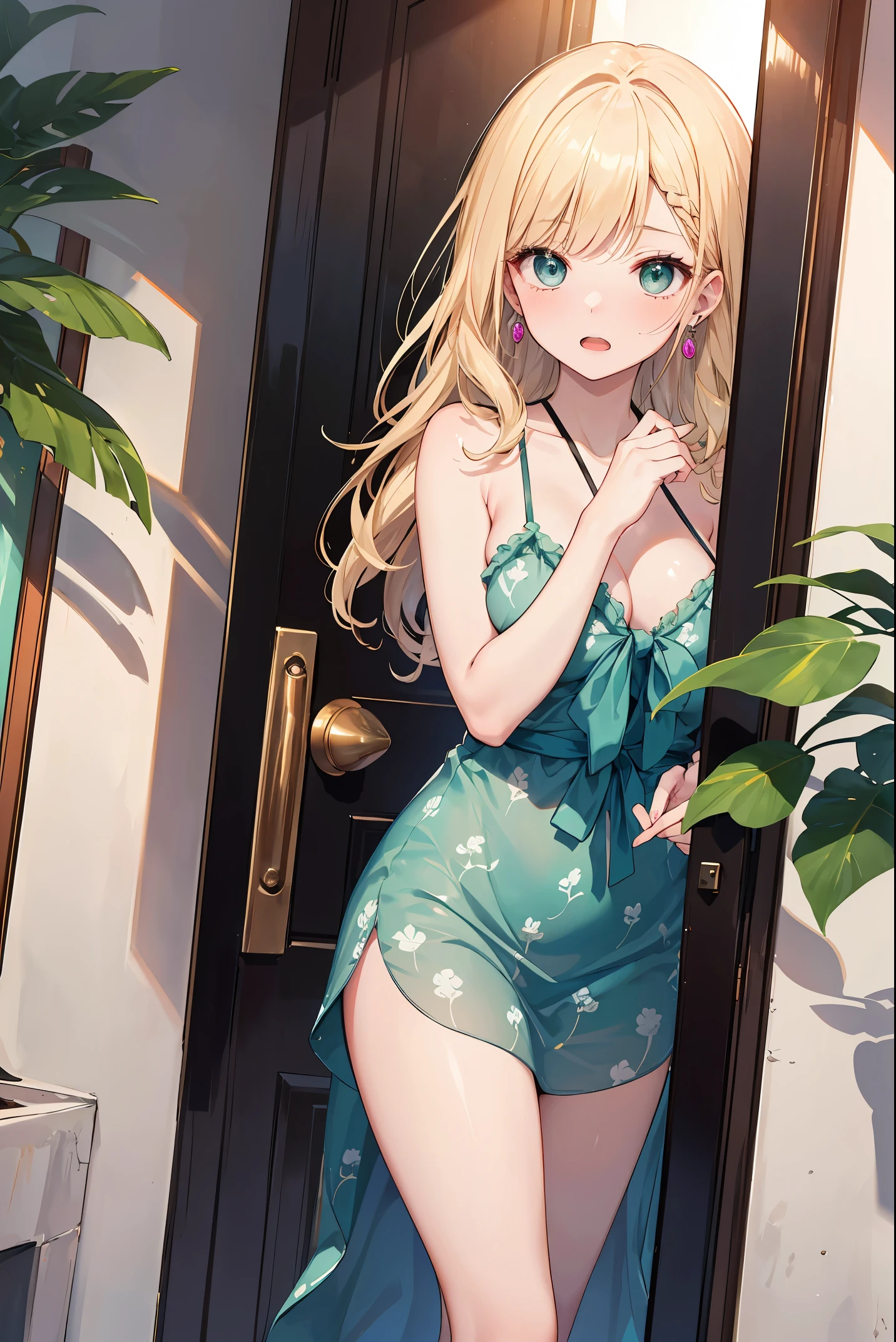 (masterpiece, best quality), (absurdres absolutely resolution), (8k), (detailed beautiful face and eyes), (detailed illustration), (super fine illustration), (vibrant colors), (professional lighting), (nice hands, perfect hands), BREAK cinematic angle, dutch angle, (A girl vigorously opening the entrance door), BREAK (in My Dress-Up Darling style), (kitagawa marin), 1girl, solo, long blonde hair, multicolored hair, shiny hair, (big black eyes:1.3), long eyelashes, long cherry-pink fingernails, (shiny skin, skinny, slender body:1.4), BREAK (open mouth panicking:1.4), (wide eyes:1.4), silver earrings, piercing, (sea-green chemise with leaf pattern:1.4), BREAK (sunny:1.3), indoors, (Entrance to a Japanese apartment), (magnificent view), (cinematic lighting), (bokeh),