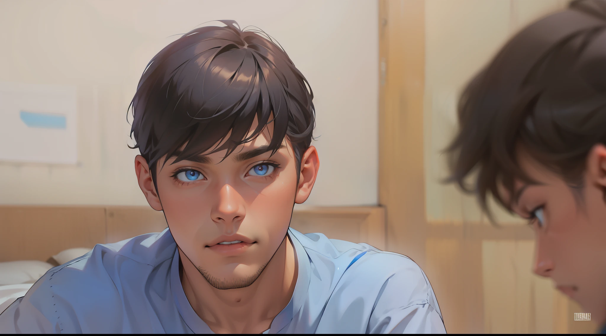 tiene cabello y ojos de color naranja , camisa de color azul cielo
