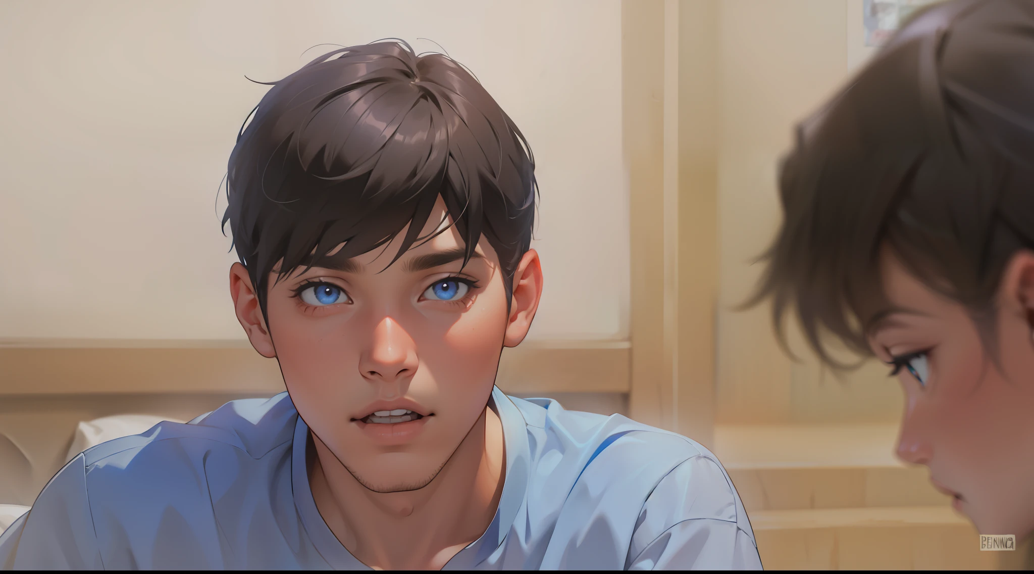 tiene cabello y ojos de color naranja , camisa de color azul cielo