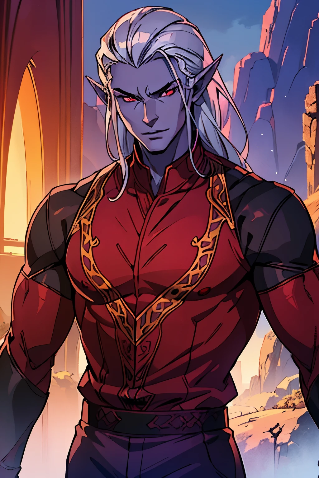 (best quality, highres), tall, muscular, Male, colored skin, purple skin, friendly facial expression, (Silver Hair), (vibrant Red eyes),(expressive eyes), Elf Ears, Drow, very detailed face, Very detailed eyes, (Red shirt),(shirt style: double breasted), (ornate khaki pants), dramatic lighting, epic scenery
