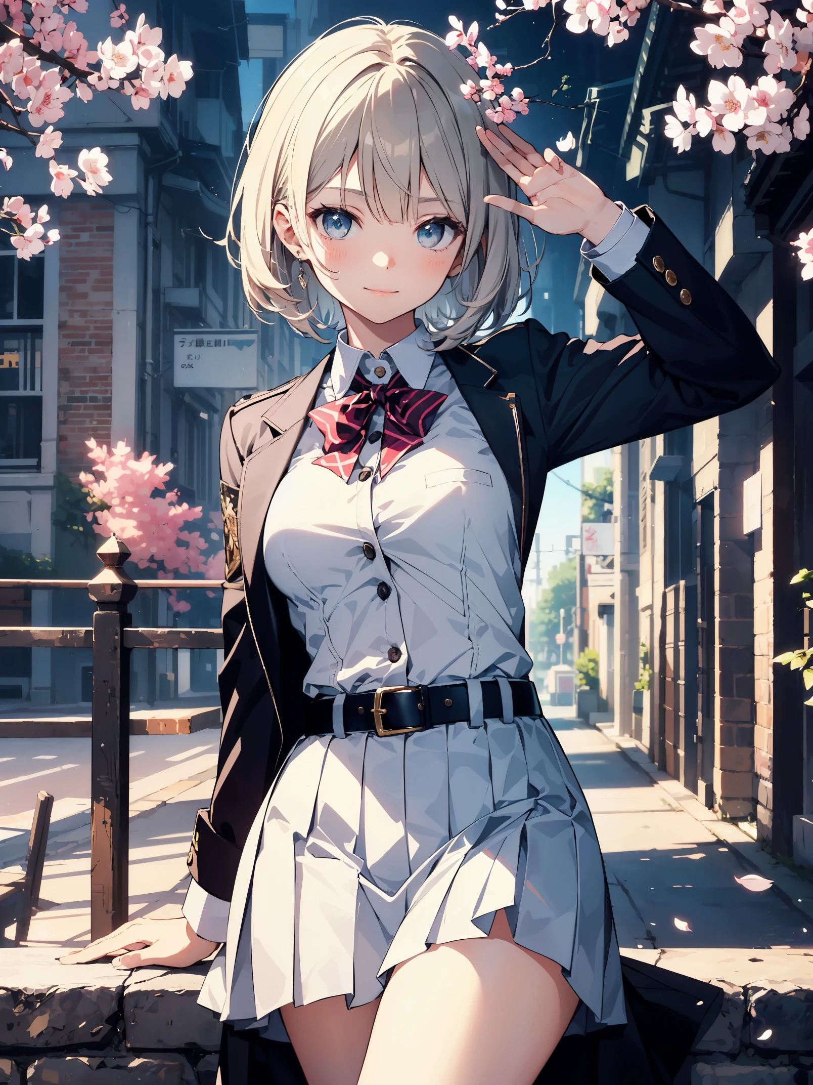 (superlative quality work by the Creator God: 1.4), (absolute resolution: 1.4), (greatest masterpiece by the God of Arts and Sciences: 1.4), (intricate, meticulously detailed and realistic materials and textures and light sources: 1.3), (perfect anatomy: 1.2),

BREAK.

This illustration features a [((cute))):1.3] girl with [((pink))):0.9] hair in a one-length braided bob cut short hair. She is wearing a uniform from a well-known school where blazers are popular, with a deep gray blazer, white piping, and a fresh blue checked skirt. She is drawn to evoke realistic fabrics and textures, and the buttons on her blazer and pleats on her skirt are finely rendered. She is smiling and waving at the camera. The background is the school gate of her school, with cherry blossoms in bloom.

BREAK

(Depth of field: 1.4), looking at the viewer, ((perfect pixels, 8K wallpaper )), one girl, single, alone, reincarnated appearance of Aphrodite, goddess of beauty, beauty of the highest order,

BREAK

Aphrodite's reincarnated appearance as a goddess of beauty, immense beauty, BREAK, super exquisite skin, (best lighting by a famous artist: 1.2), (charming poses acting instruction by a very famous master: 1.4), cute illustrations.