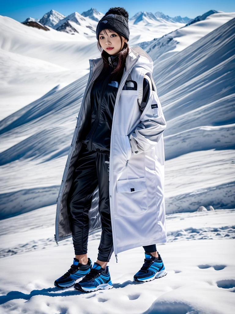 very detailed、masterpiece、(snow mountain background):1.3、a woman in a (white down vest at northface):1.4, white puffer vest and black pants posing for a picture, model is wearing techtical vest, sportswear, sportswear, かわいいsportswear, nanocarbon-vest, white!!, white coat, tech wear women pictures, 2 techwear women, catalog photo, stylish coat for rave, full body photo, future inflatable jacket, Miko, Kim Woo