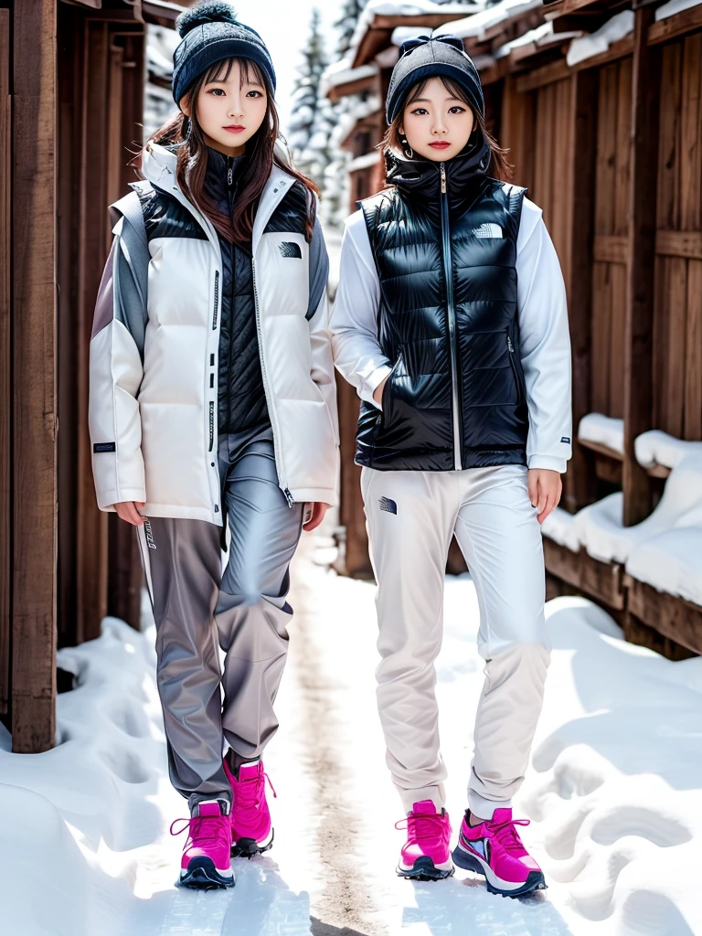 very detailed、masterpiece、(snow mountain background):1.3、a woman in a (white down vest at northface):1.4, white puffer vest and black pants posing for a picture, model is wearing techtical vest, sportswear, sportswear, かわいいsportswear, nanocarbon-vest, white!!, white coat, tech wear women pictures, 2 techwear women, catalog photo, stylish coat for rave, full body photo, future inflatable jacket, Miko, Kim Woo