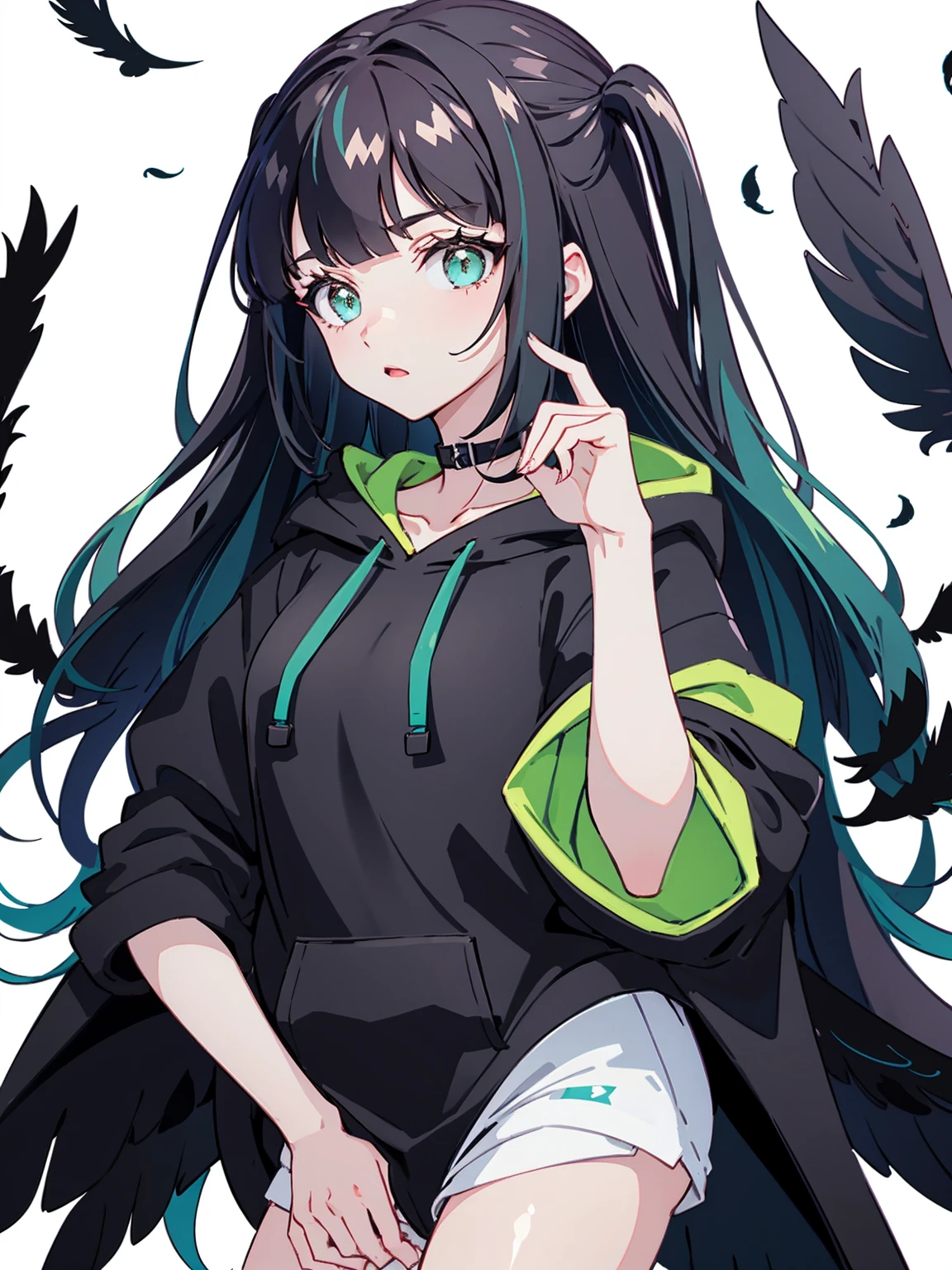 1 girl、black hair、green eyes、black hoodie、Black feathers、white background、simple background