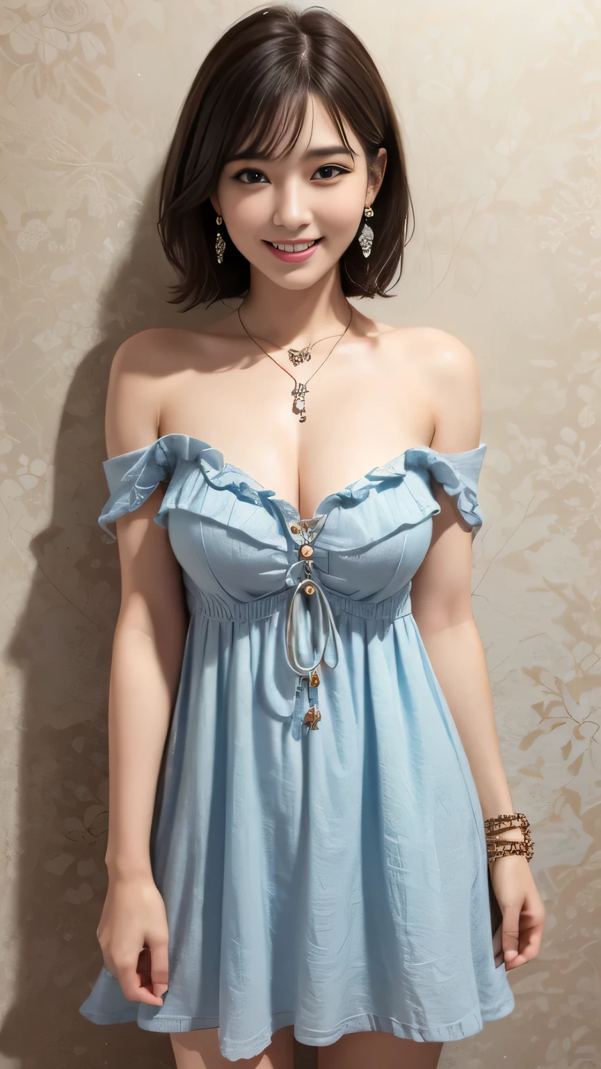 (best image quality, best image quality, super a high definition), (masterpiece: 1.3), (Super detailed: 1.3), (wallpaper, one girl: 1.1), (RAW photo, realism 1.4), (flat chest), fine skin, detailed face, cute, AKB girl, age girl, (big breasts), perfection Skin, thighs, short bob hair, perfection, brown hair, brown eyes, sculpture installation、whole body, (((spread)), ((casual dress)), cutesmile,earrings, jewelry, cowboy shot, smile, very beautiful face