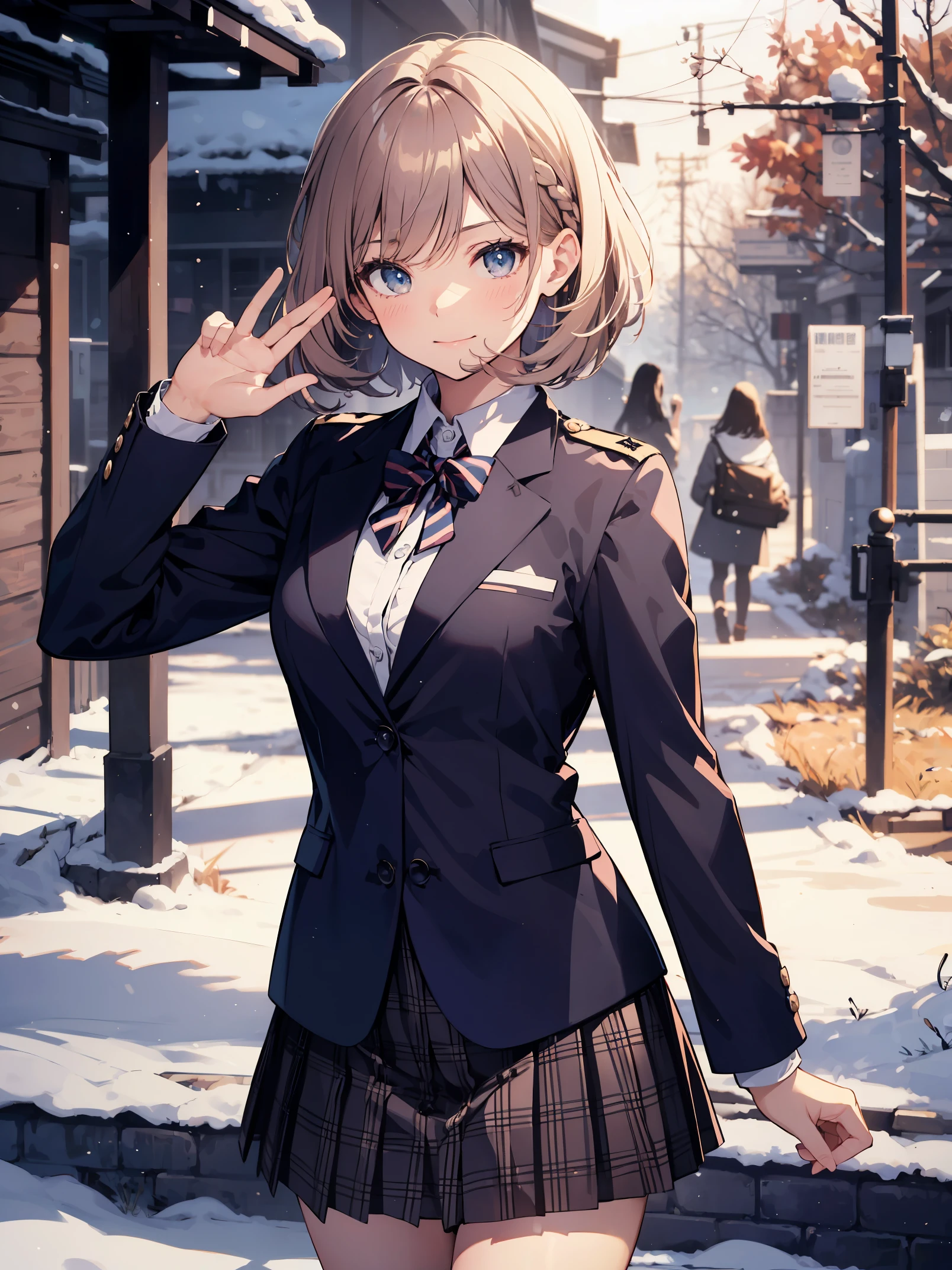 (superlative quality work by the Creator God: 1.4), (absolute resolution: 1.4), (greatest masterpiece by the God of Arts and Sciences: 1.4), (intricate, meticulously detailed and realistic materials and textures and light sources: 1.3), (perfect anatomy: 1.2),

BREAK.

This illustration features a [((cute))):1.3] girl with [((pink))):0.9] hair in a one-length braided bob cut short hair. She is wearing a uniform from a well-known school where blazers are popular, with a deep gray blazer, white piping, and a fresh blue checked skirt. She is drawn to evoke realistic fabrics and textures, and the buttons on her blazer and pleats on her skirt are finely rendered. She is smiling and waving at the camera. The background is the school gate of her school, covered with [((white)):0.9] snow. The sky is [((blue)):0.9] clear and the moon is shining. This illustration shows the contrast and wonder of spring and winter.

BREAK

(Depth of field: 1.4), looking at the viewer, ((perfect pixels, 8K wallpaper )), one girl, single, alone, reincarnated appearance of Aphrodite, goddess of beauty, beauty of the highest order,

BREAK

Aphrodite's reincarnated appearance as a goddess of beauty, immense beauty, BREAK, super exquisite skin, (best lighting by a famous artist: 1.2), (charming poses acting instruction by a very famous master: 1.4), cute illustrations.