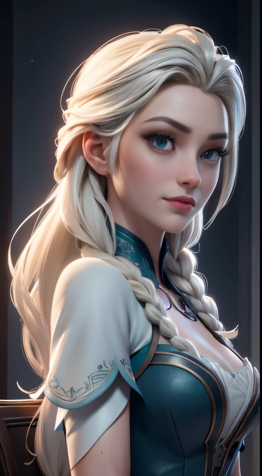 Highly detailed CG unity 8k wallpaper, style shot, complex, high detail, dramatic, highest quality movie still image, very detailed, masterpiece, best quality, character design, Elsa, Elsa from Frozen, (( Dark style)), realistic ultra-detailed rendering style, natural light, sharp character design, (hard focus, 8k), (((natural skin texture))), 8k textures, soft cinematic lighting, adobe lightroom, dark room, hdr, Sophisticated, Elegant, Rich Detail, Sharp Focuilm Look) )), Soothing Tones, Detail Frenzy, Intricate Detail, Super Detail, Low Contrast, Soft Film Lighting, Dull Colors, Exposure Blending, HDR, Fade, 35mm, f/1.4, ISO64, f16, 25 sec.