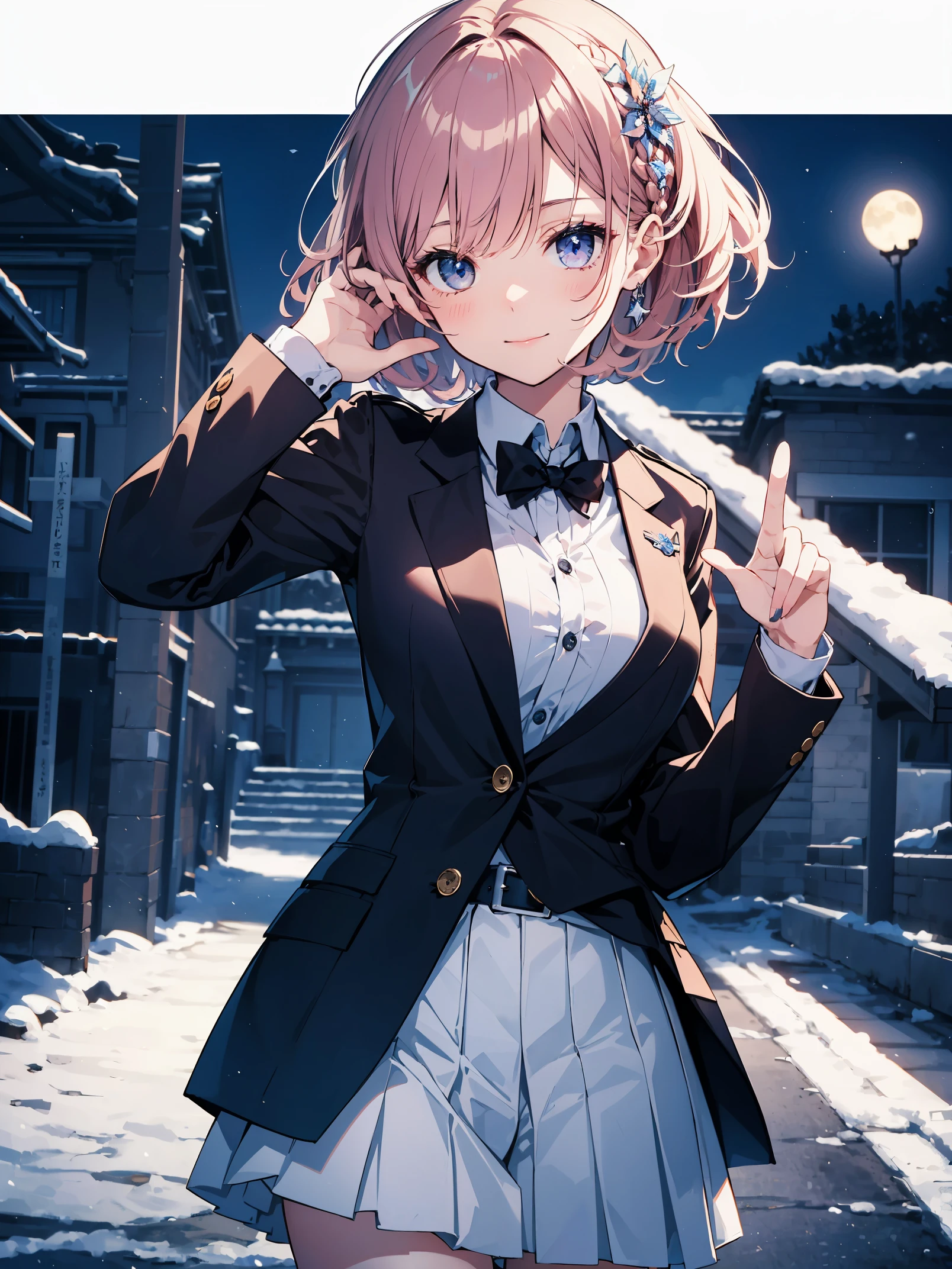 (Absurdity: 1.4), (Superb quality work by the Creator God: 1.4), (Absolute resolution: 1.4), (Highest masterpiece by the God of Arts and Sciences: 1.4), Surrealistic work, (Complex, meticulously detailed and realistic materials and textures and light sources: 1.3), (Perfect : 1.2), (Overwhelmingly ridiculous absurdity in the creation of the universe (1.3),

BREAK.

This illustration features a [((cute))):1.3] girl with [((pink))):0.9] hair in a one-length braided bob cut short hair. She is wearing a uniform from a well-known school where blazers are popular, with a deep gray blazer, white piping, and a fresh blue checked skirt. She is drawn to evoke realistic fabrics and textures, and the buttons and ribbons on her blazer and the pleats on her skirt are ultra-detailed. She smiles and waves to the viewer. The background is the school gate of her school, covered with [((white)):0.9] snow. The sky is [((blue)):0.9] clear and the moon is shining. This illustration shows the contrast and wonder of spring and winter.

BREAK

(depth of field: 1.4), looking at the viewer, ((perfect pixels, 8K wallpaper)), one girl, single, alone, reincarnated appearance of Aphrodite, goddess of beauty, immensely beautiful, born actress genius,

BREAK

Aphrodite's reincarnated appearance as a goddess of beauty, immense beauty, BREAK, super exquisite skin, (best lighting by a famous artist: 1.2), (charming poses acting instruction by a very famous master: 1.4), cute illustrations.

BREAK

The most beautiful square in the world, (Grand-Place: 1.3), (Photo session of beautiful girls in a world heritage square: 1.15), Bold composition, (Poses that captivate viewers: 1.2), Dazed background