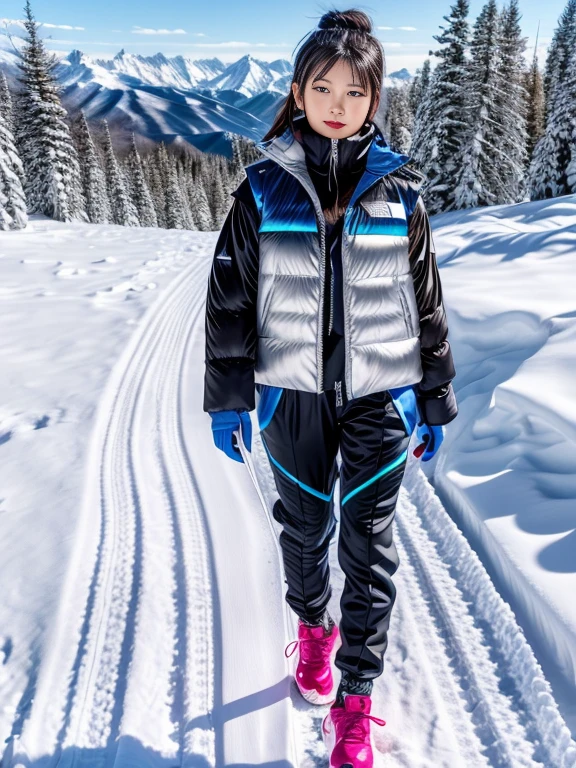 very detailed、masterpiece、(snow mountain background):1.3、a woman in a (white down vest at northface):1.4, white puffer vest and black pants posing for a picture, model is wearing techtical vest, sportswear, sportswear, かわいいsportswear, nanocarbon-vest, white!!, white coat, tech wear women pictures, 2 techwear women, catalog photo, stylish coat for rave, full body photo, future inflatable jacket, Miko, Kim Woo