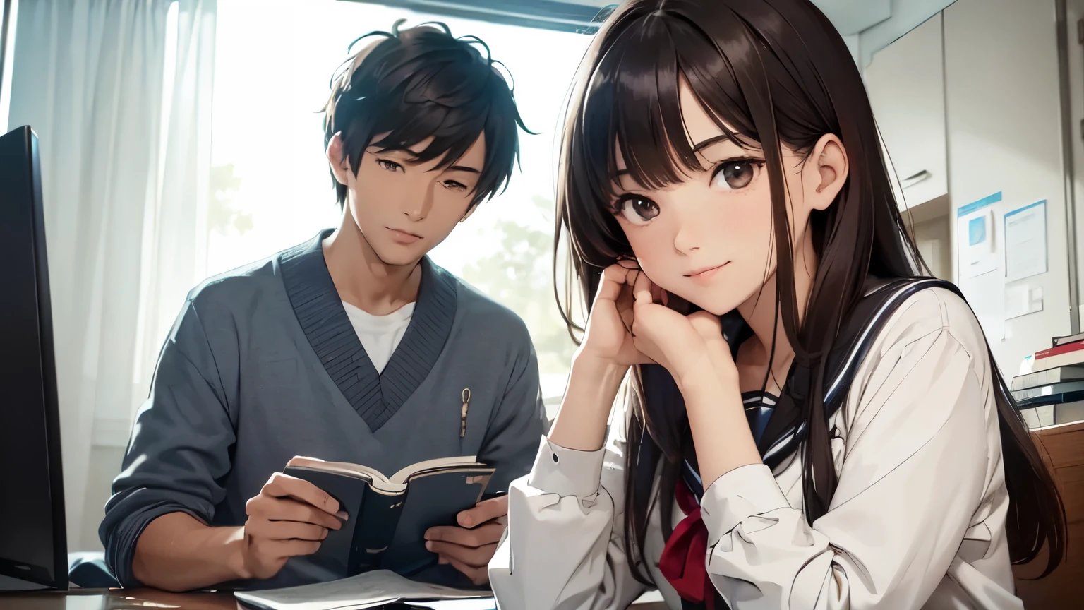 （In 8K, best quality, muste piece:1.2)、ultra high resolution、A male author writing a book and a high school girl couple watching over him.、A man wearing Japanese clothes and a woman wearing a school uniform,detailed hand fingers,female brown hair sailor suit,Man black hair,ultra-detailed face,detailed eyes,((A man and a woman are in a messy room)) ,smile